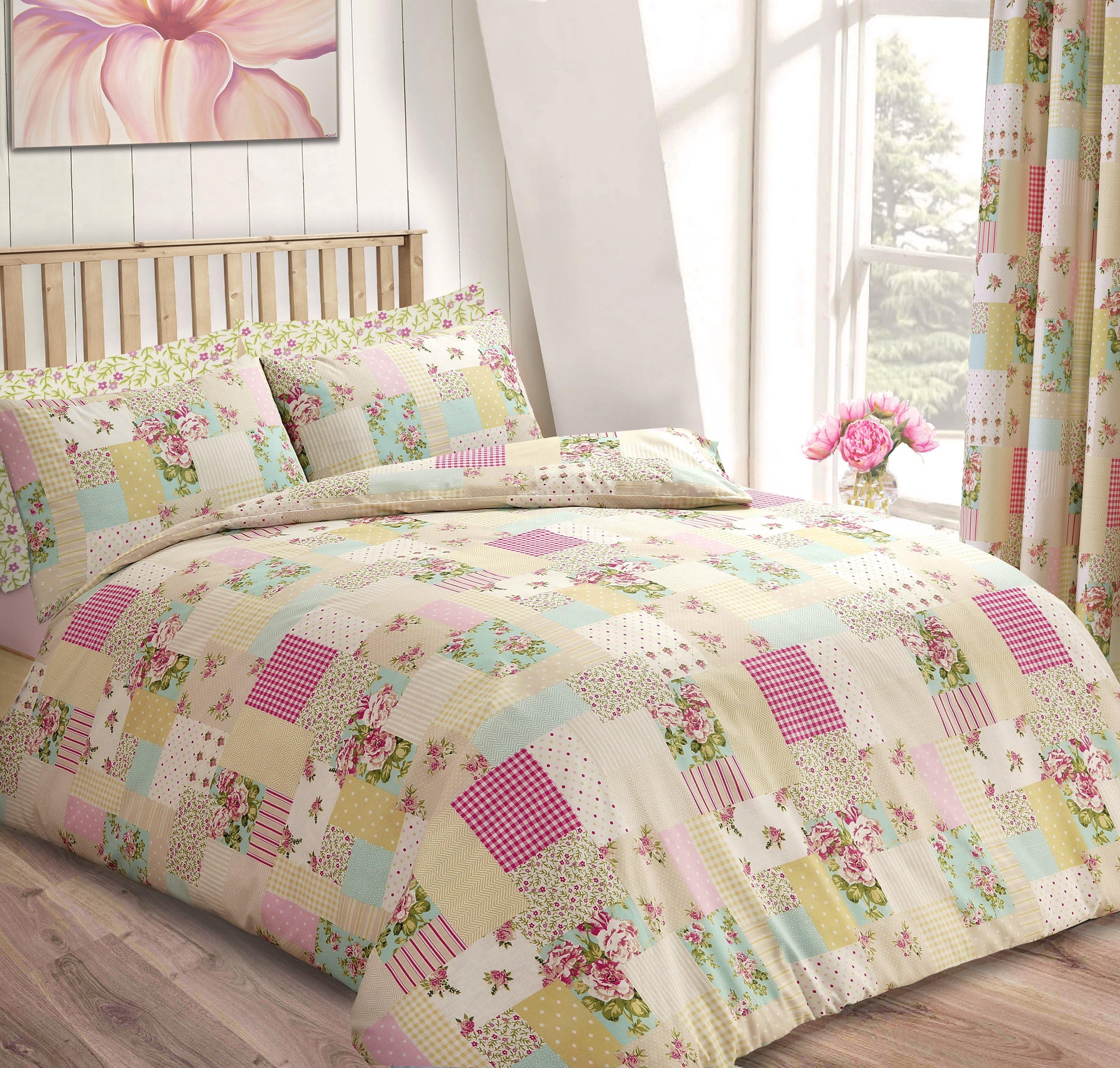 IHIDirect Single Bed Printed Pink Floral Patchwork Square Duvet Cover & Pillowcase Bedding Set - Candice