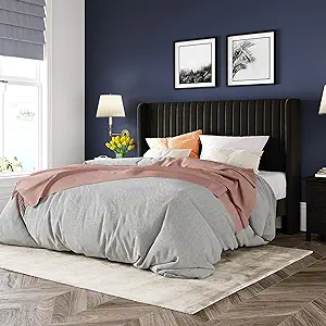 Allewie Queen Size Velvet Bed Frame/Vertical Channel Tufted Wingback Headboard/Upholstered Platform Bed/Strong Wooden Slats/No Box Spring Needed/Easy Assembly/Black