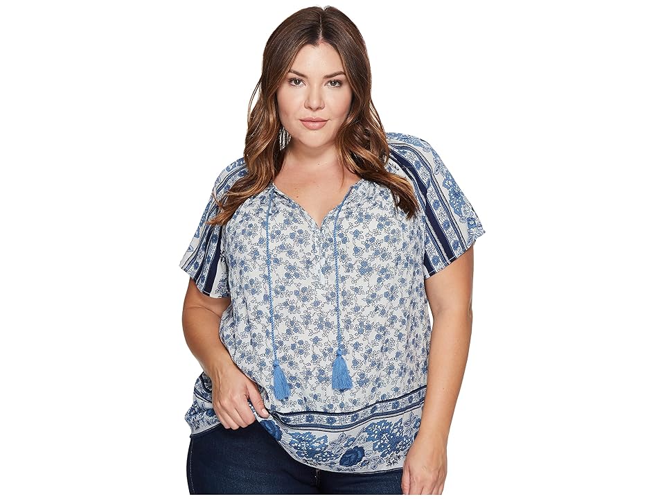 

Lucky Brand Plus Size Border Peasant Top (Blue Multi) Women's Short Sleeve Pullover