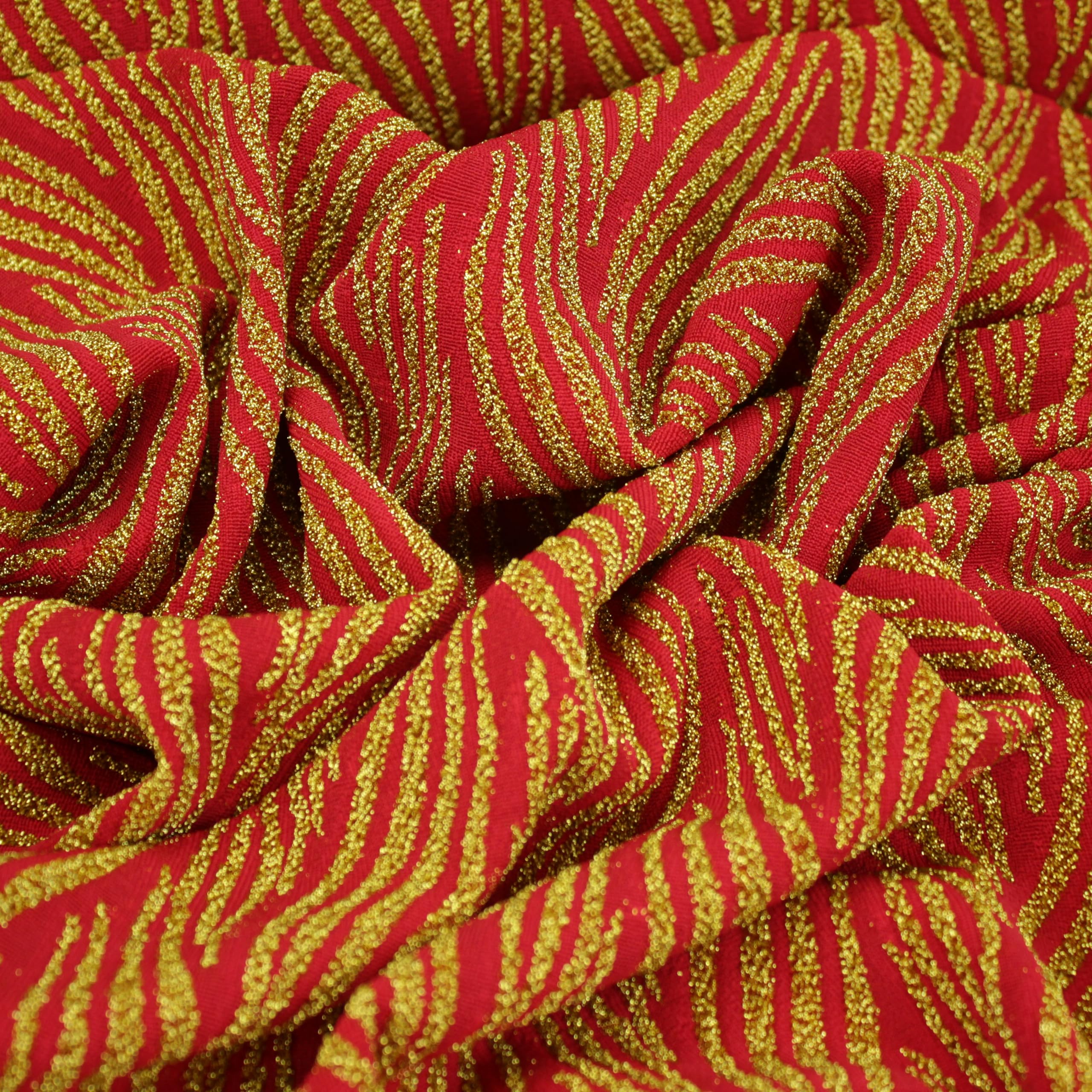TELA DE PUNTO ELÁSTICO POR METROS DE FONDO LISO CON PATRÓN DE LUREX SERIE JET, ANCHO 150cm (3 METROS, ROJO - ORO)