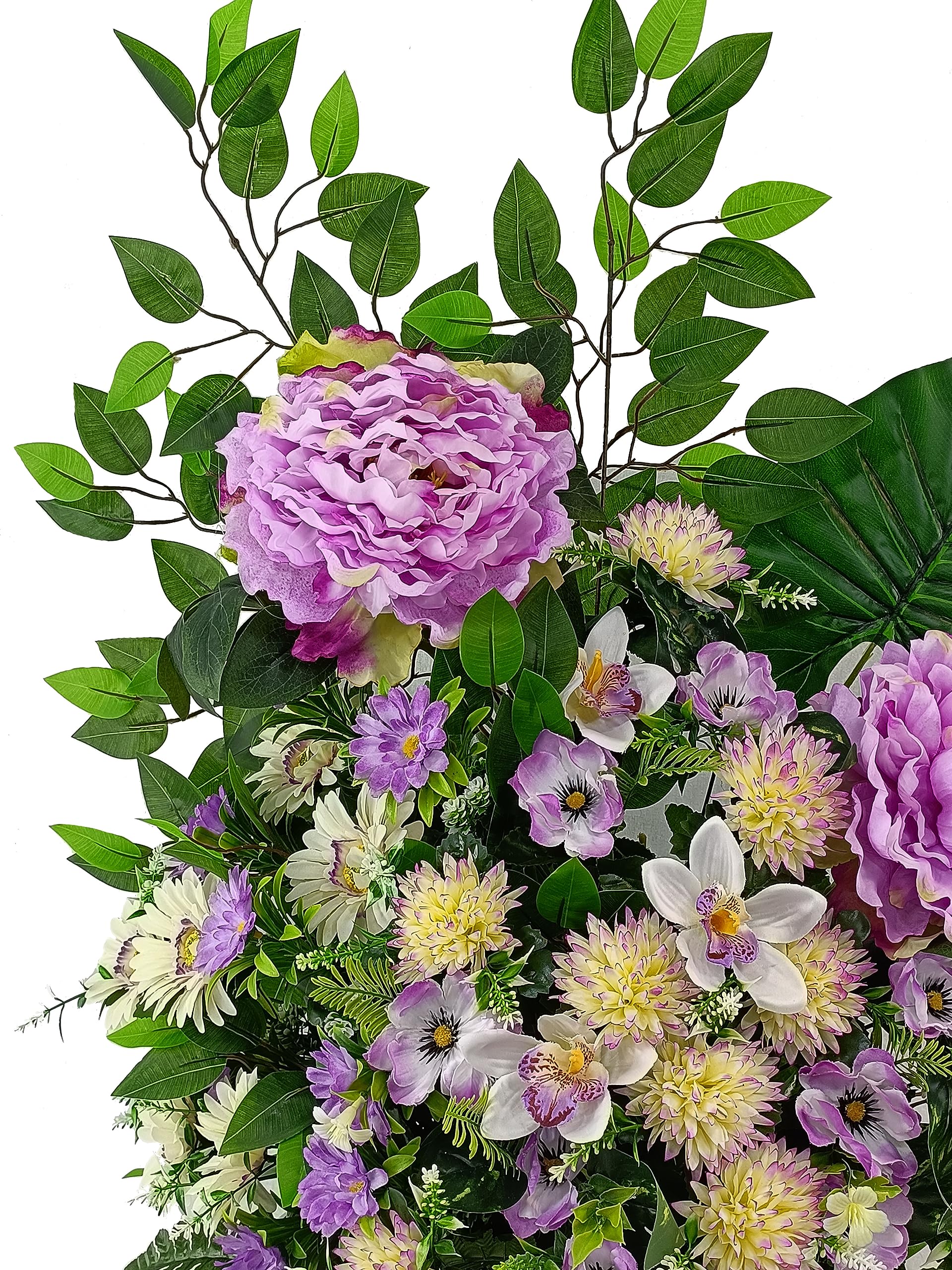 DRW Centro Flores Artificiales Cementerio, Santos, Iglesias, Aniversarios, Ceremonias, Bodas Malva Morado con peonias, gerberas, Margaritas y orquideas 75x85x35 cm