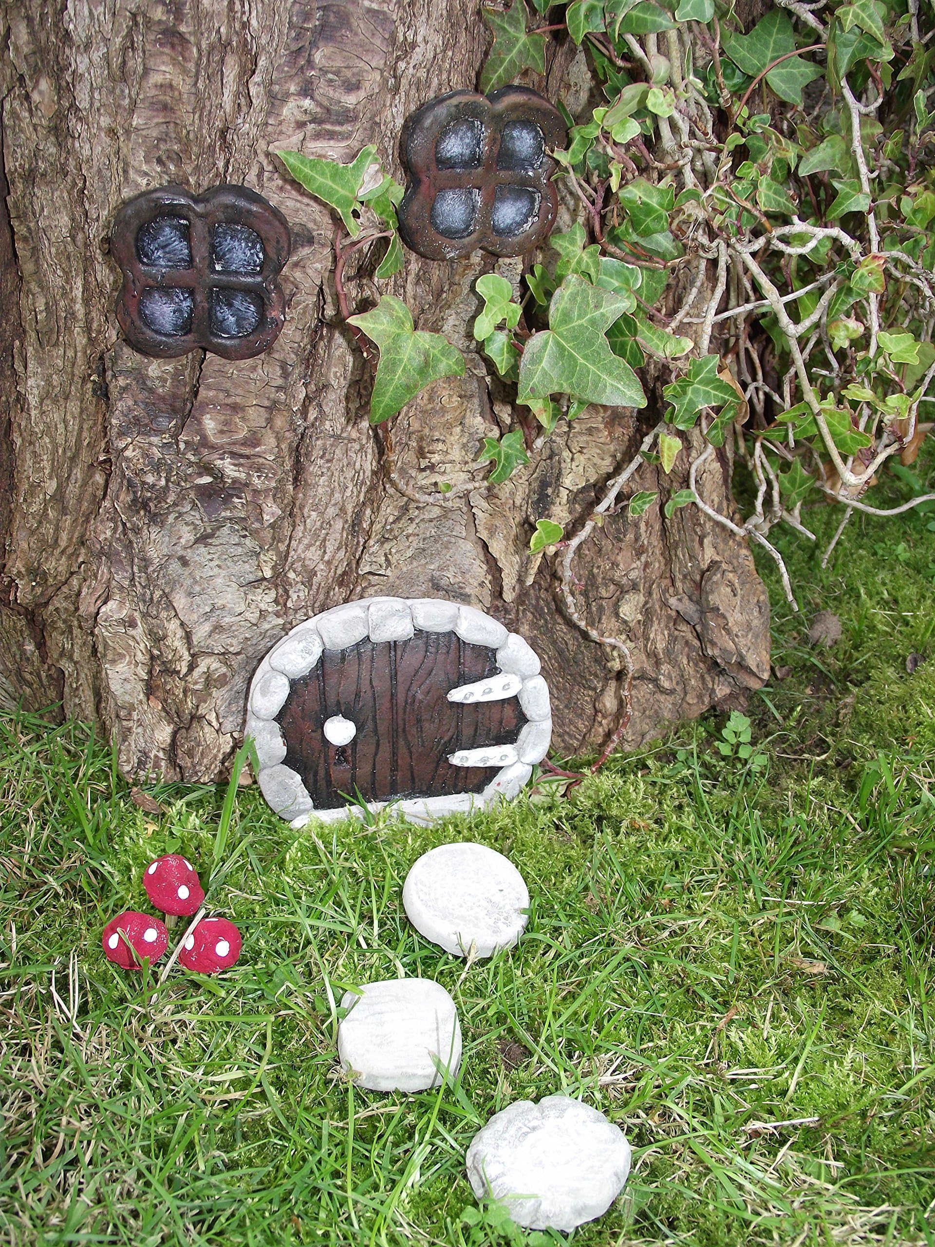 Hand Made Fairy Garden Kit with Stone Hobbit/Fairy Door, Clover Windows, Stepping Stones and Mushrooms