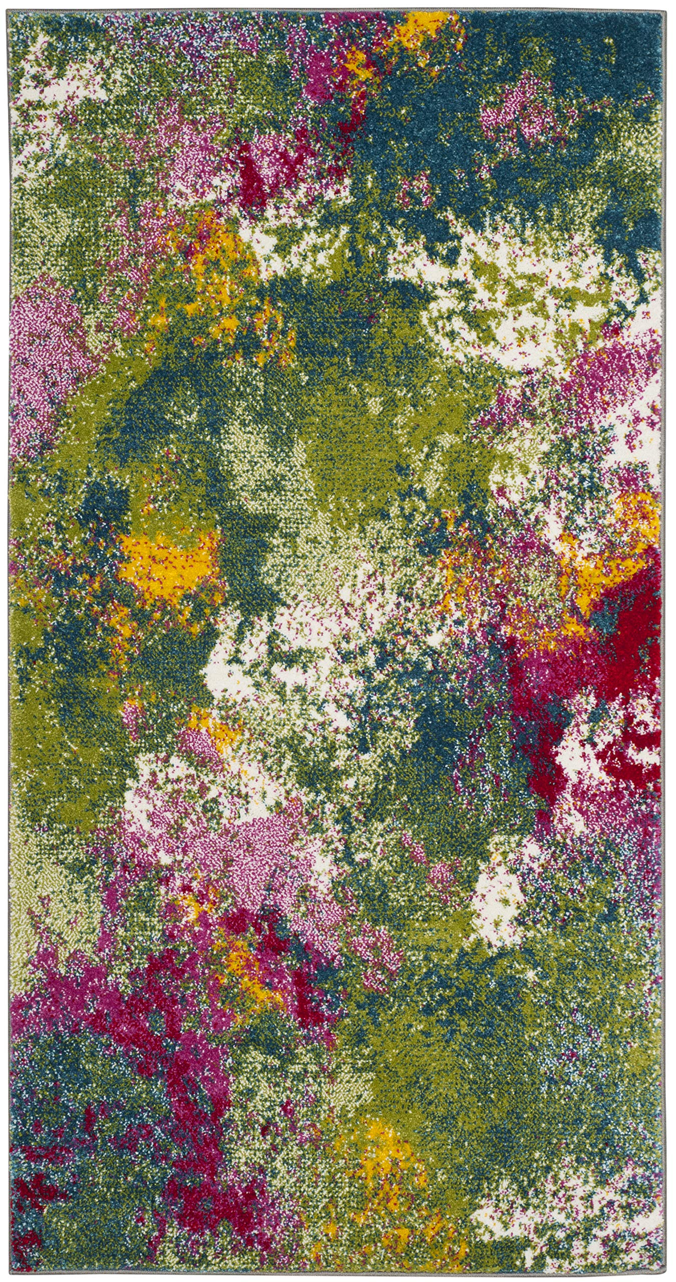 SAFAVIEH Abstract Rug for Living Room, Dining Room, Bedroom - Watercolor Collection, Short Pile, in Green and Fuchsia, 122 X 183 cm