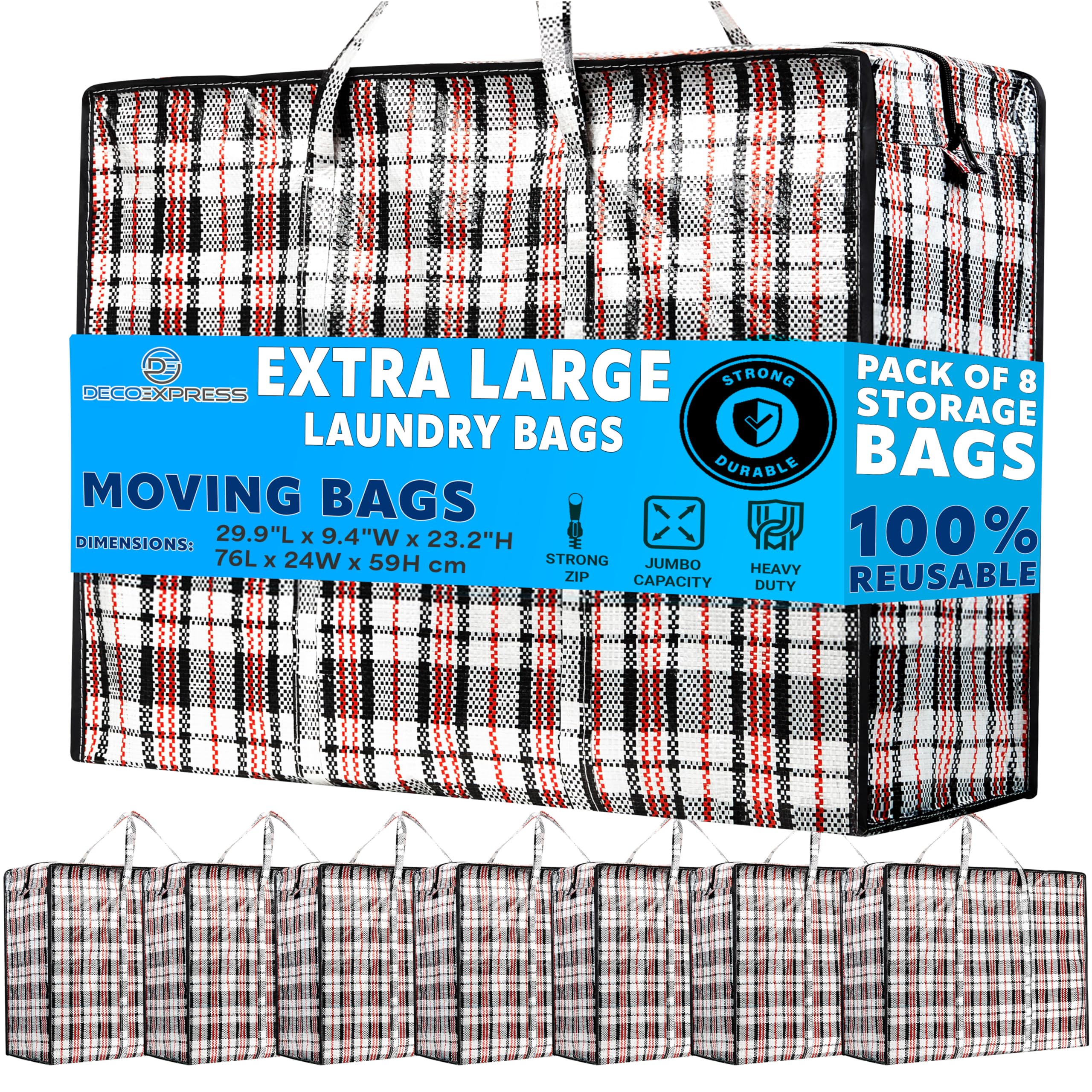 DECO EXPRESS Laundry Bags Large - Pack of 8 - XXL - 75 L Strong Reusable Storage Bags with Zips for Moving, Shopping, Packing and Laundry (76 X 59 X 24 CM) (Pack of 8)