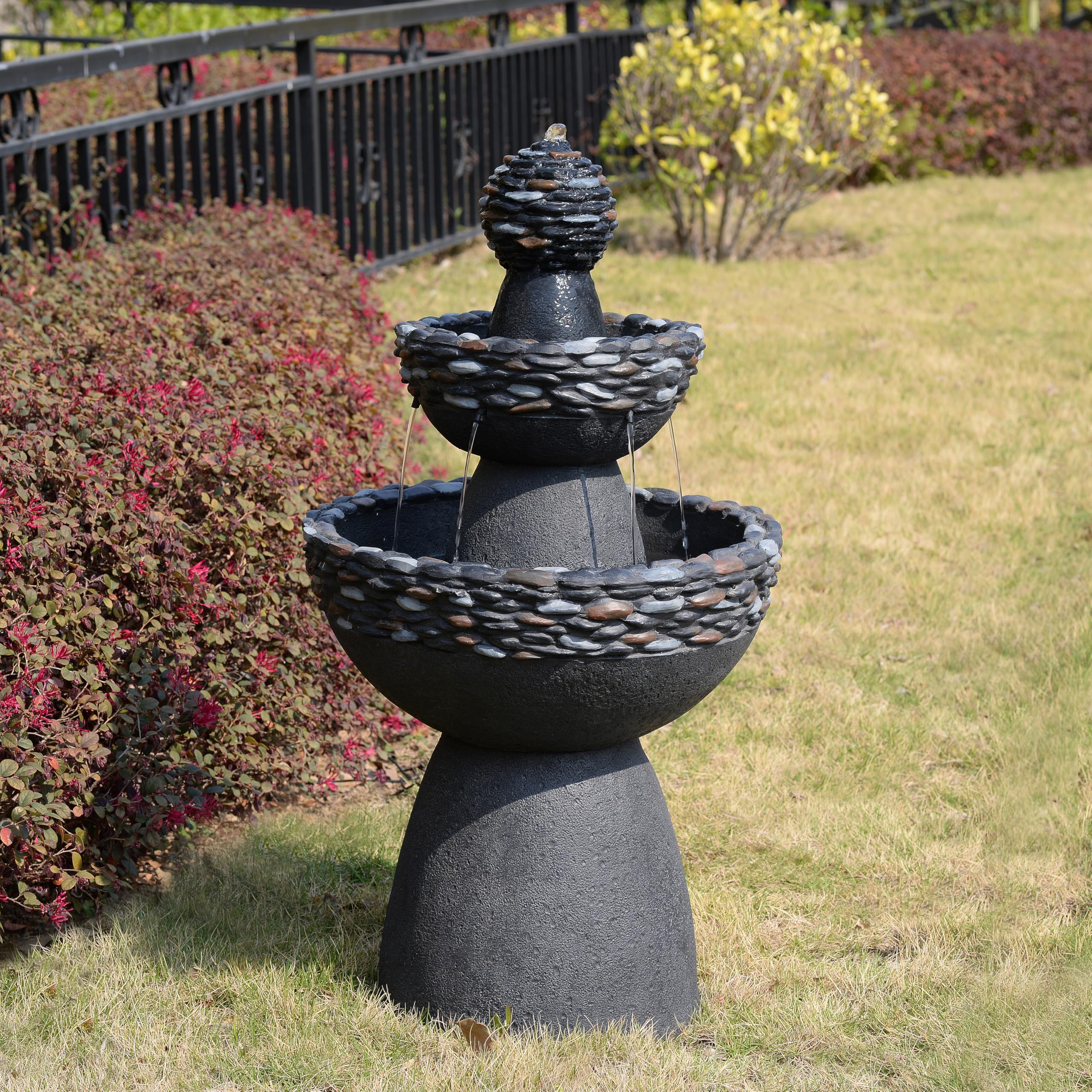 Teamson Home Garten Outdoor Brunnen Klassischer 3-stufiger Sockelbrunnen mit LED-Lichtern, Einstellbarer Fluss, dunkelgraues Steinoptik-Finish