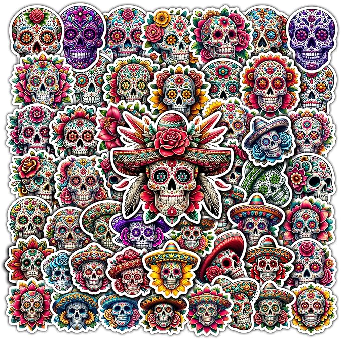 Pack 50 PCS Skull Stickers Halloween Sticker Decals Waterproof for Wall Laptop Bike Car Bumper Helmet Water Bottle