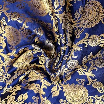 Tissu Brocart Indien Doré Floral - Soie Et Synthétique - Bleu - Largeur 44 Pouces - Neuf