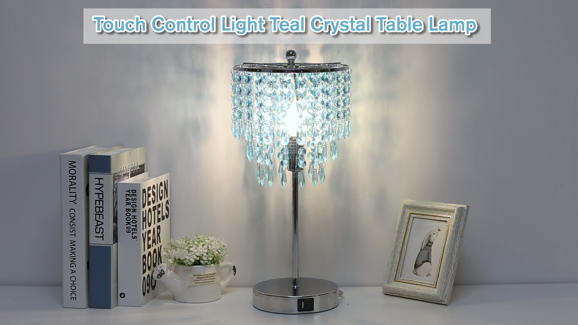 Touch Control Crystal Table Lamp, Dual USB Bedside Lamps for