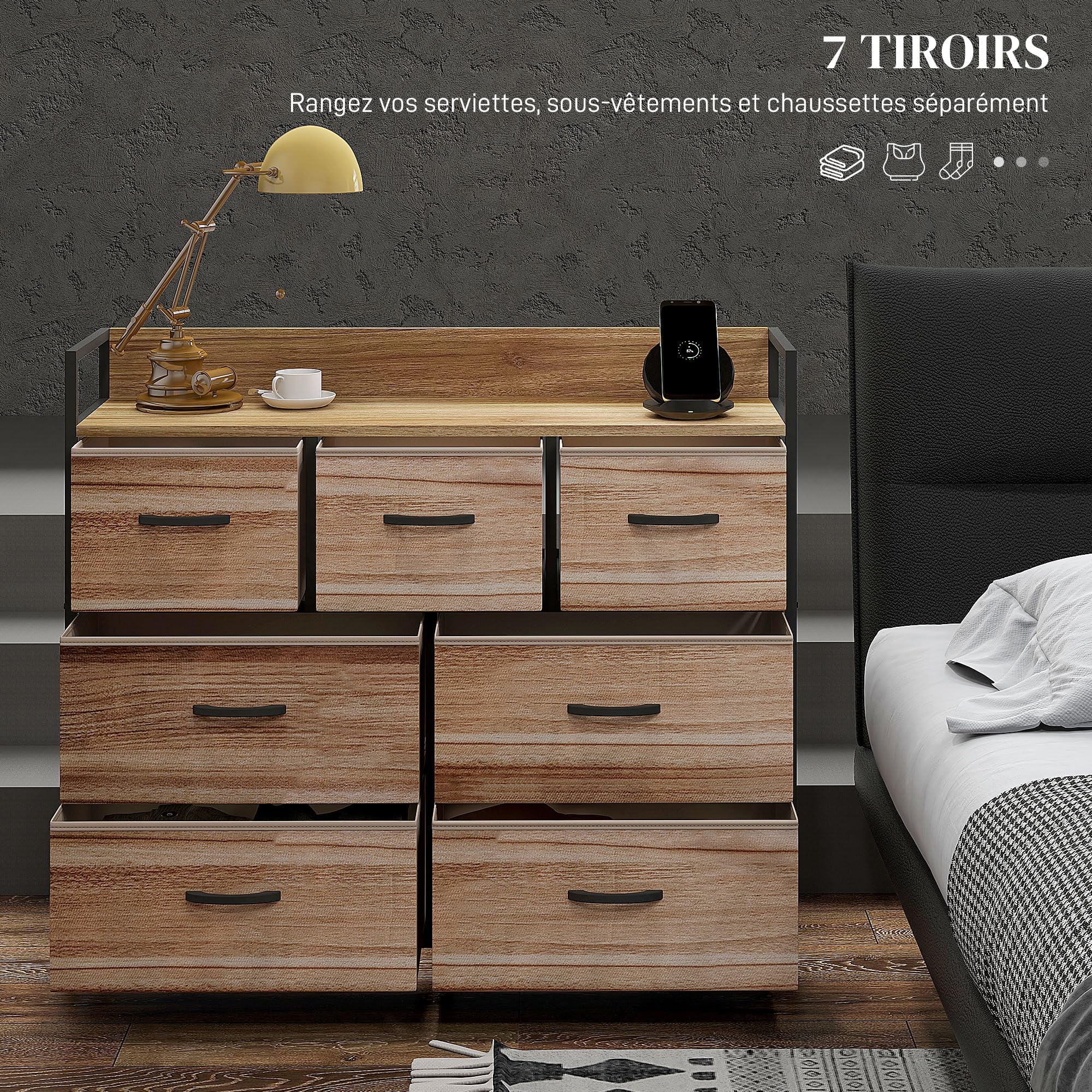 HOMCOM Commode Meuble de Rangement 7 Tiroirs 98x29x85 cm Noir Naturel | Chiffonnier, Structure en Acier, pour Chambre, Entrée, Salon