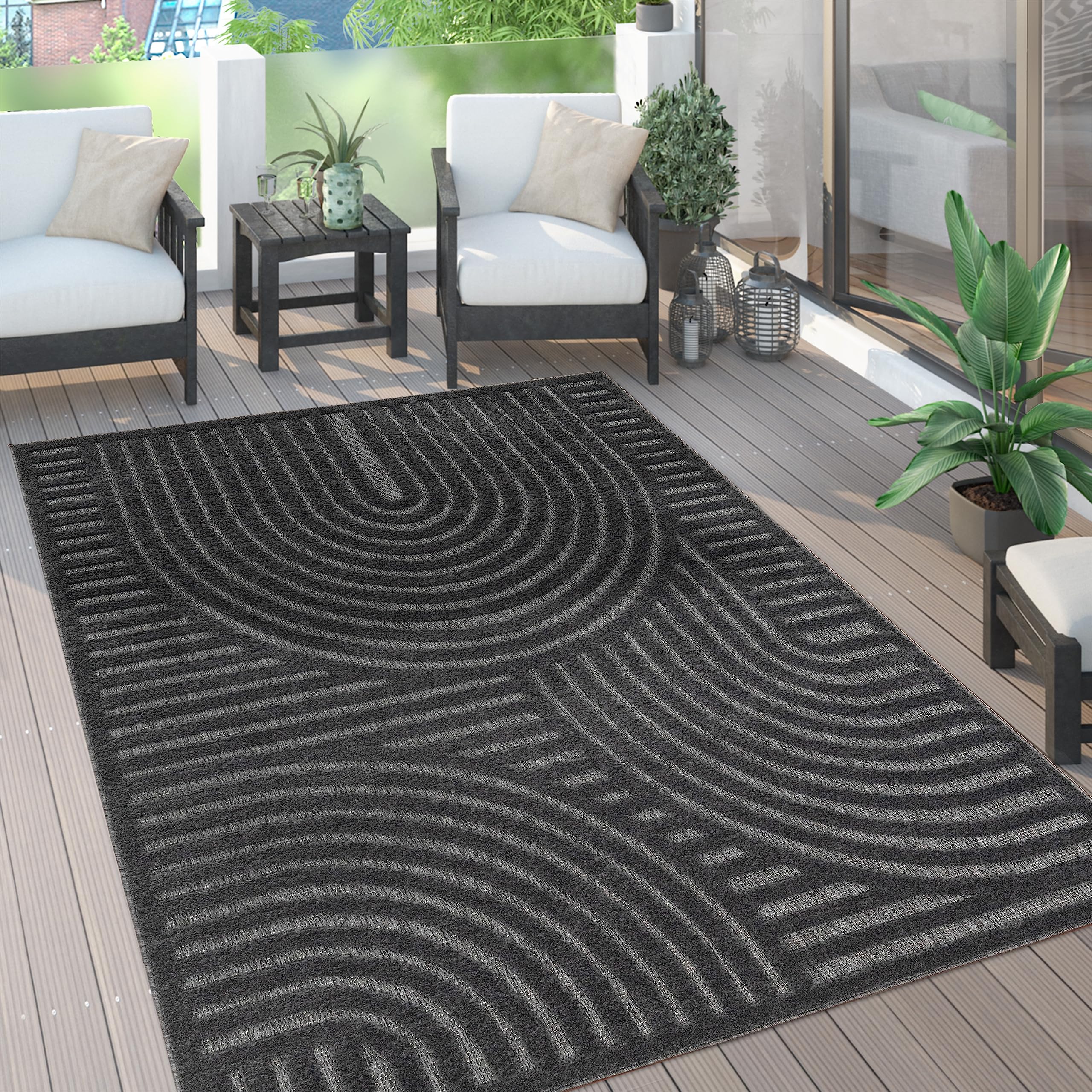 Paco Home Tappeto per esterni, terrazza, soggiorno, cucina, motivo scandinavo, motivo etnico, tinta unita, dimensioni: 160 x 220 cm, colore: antracite 4