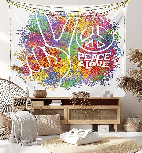 Miniatura 8 de Ambesonne Tapiz de fiesta de los años 70, paz hippie y amor y señales, 2 dedos pacifista, diseño colorido, arte para colgar en la pared para