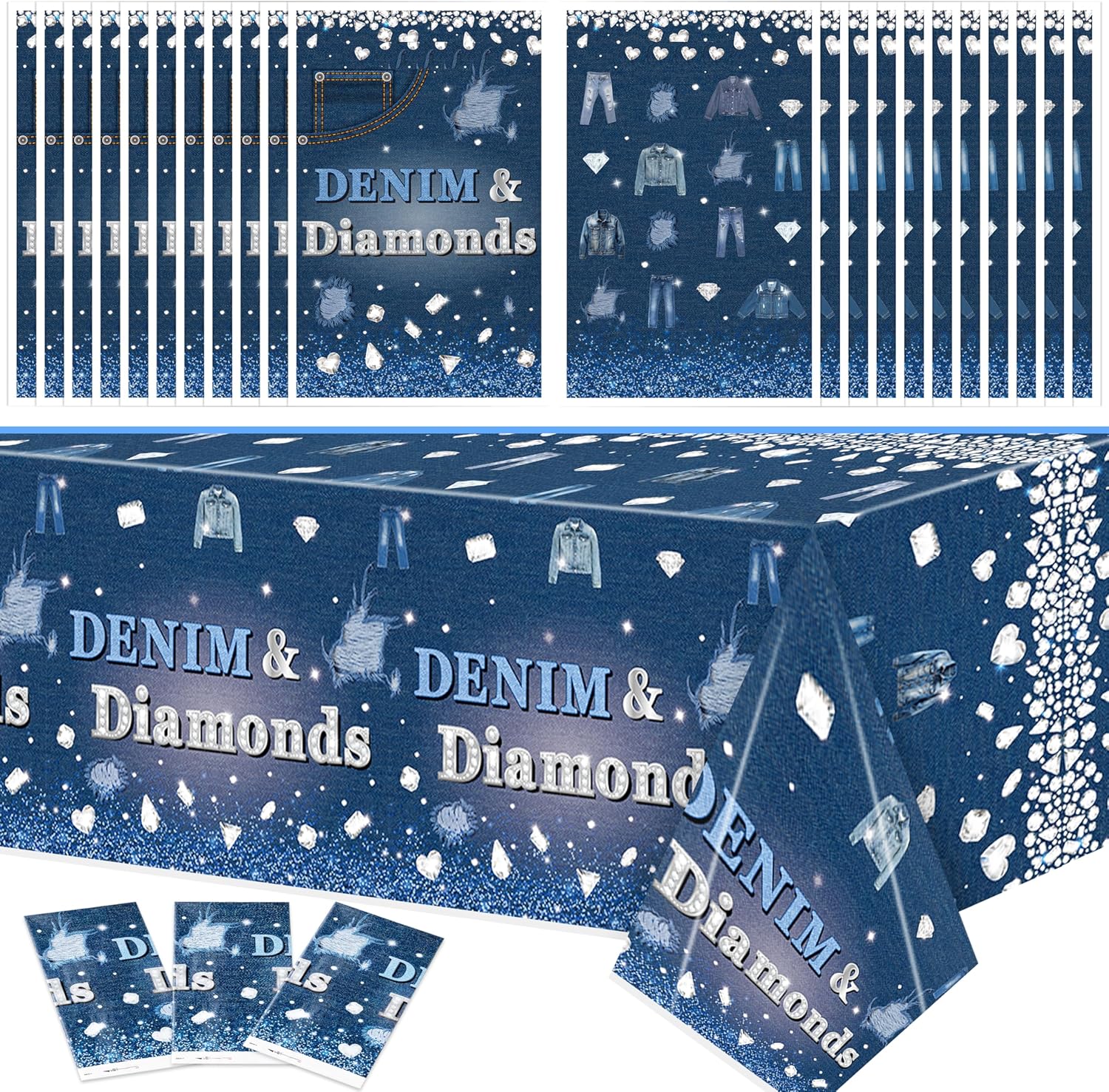 K1tpde 53PCS Denim & Diamonds Themed Birthday Party Decoration Set Included Bule Jacket JeansTablecloths and Party Favor Bags, Crystal Birthday Party Supplies for Bachelorette Wedding Decor
