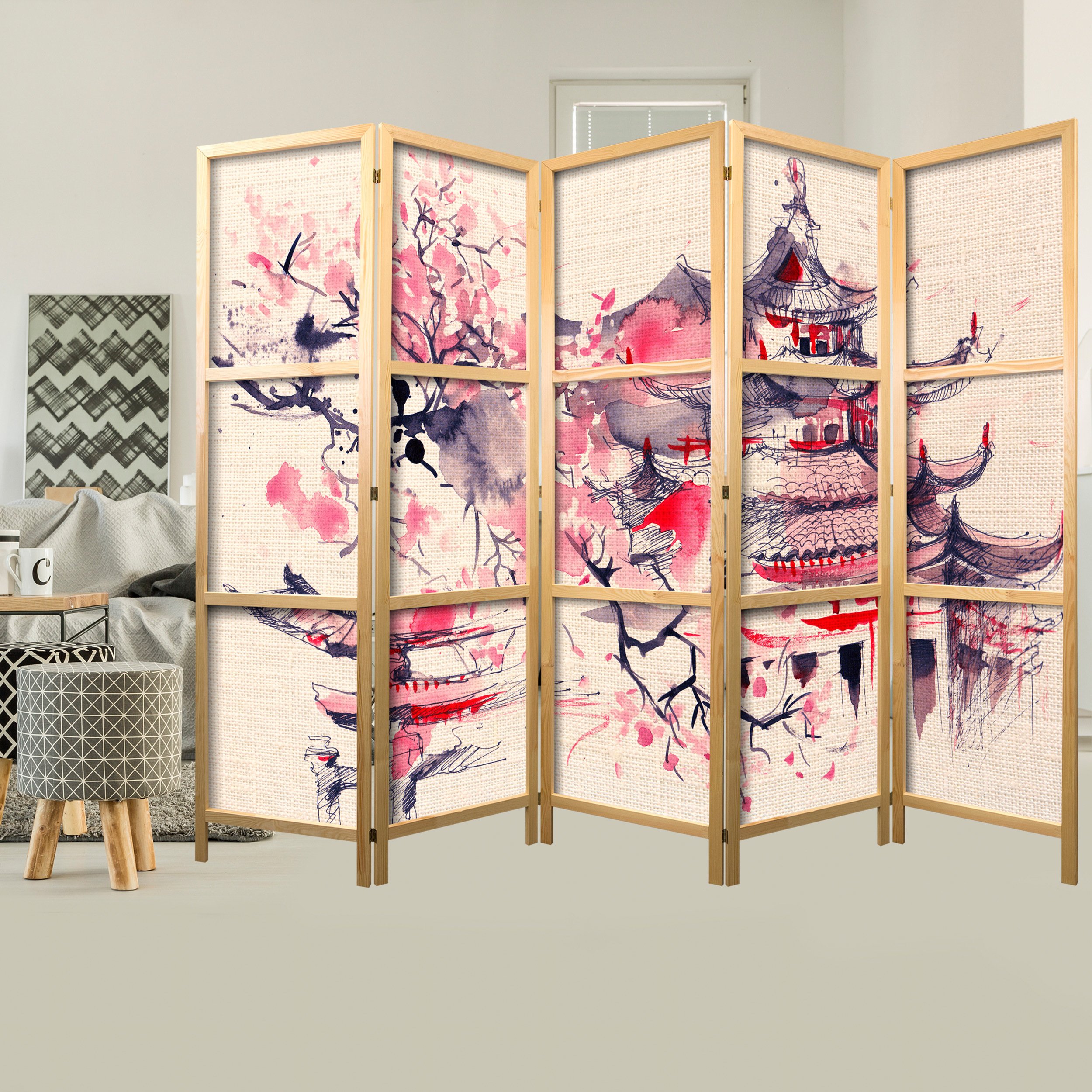 decomonkey 5 Panelli Paravento - 225 x 171cm Japan Flowers Divisorio Separè per la separazione degli ambienti la casa l'ufficio la spa