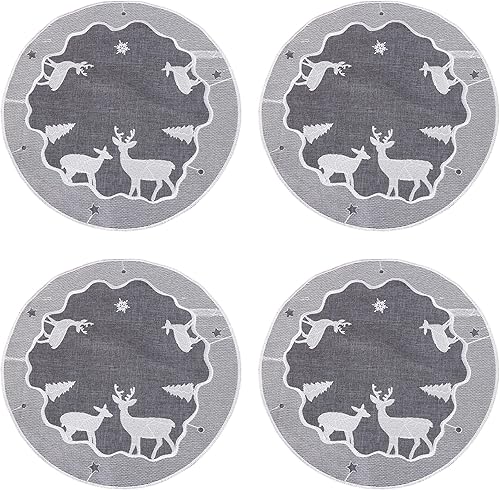 GRANDDECO Juego de 4 manteles individuales redondos bordados con copos de nieve de ciervo blanco y árbol de acebo de Navidad, lavables, para
