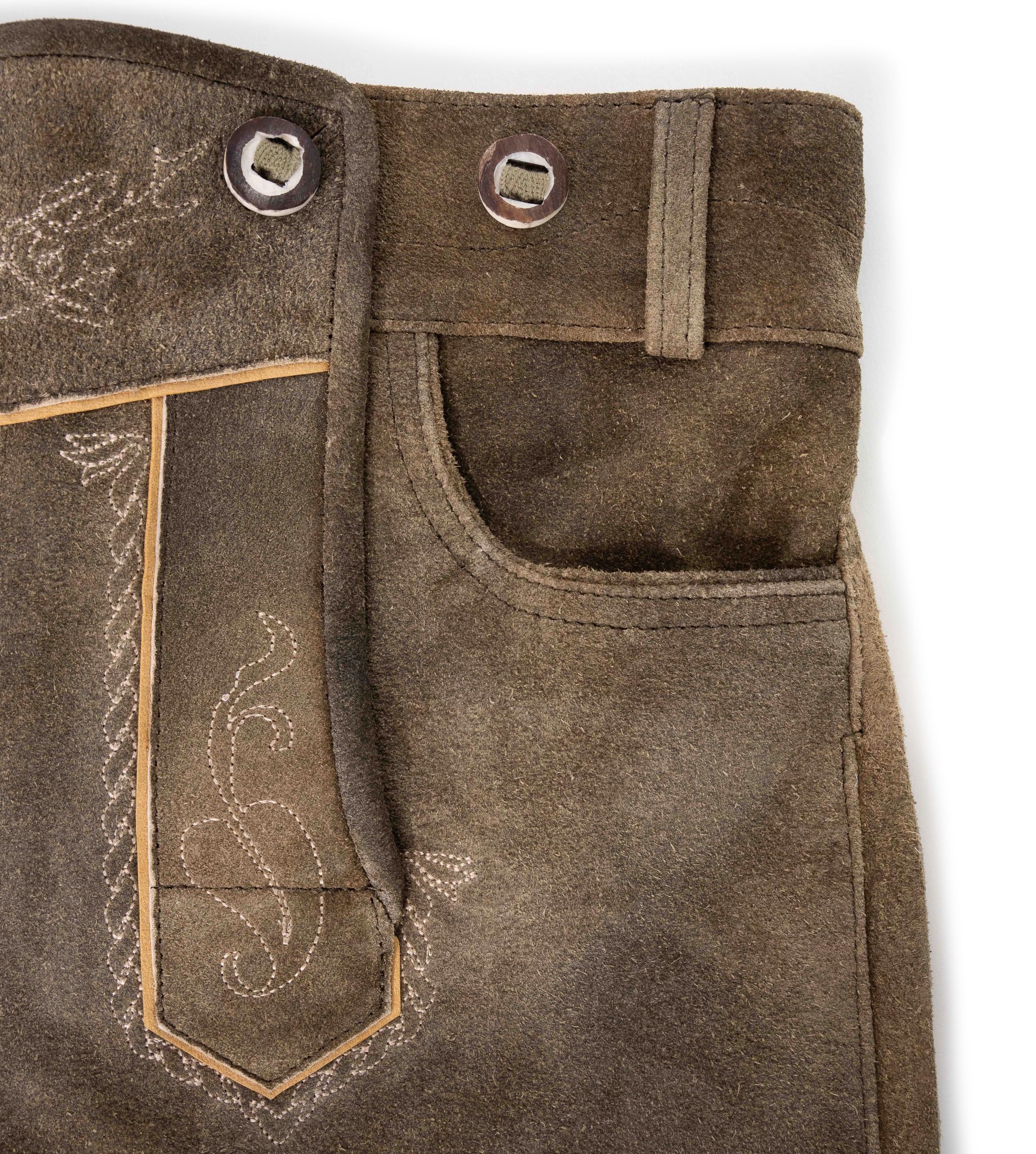 Schöneberger Trachten Couture Pantalones de piel para niños – Pantalones de cuero antiguos para niños y niñas, pantalones tradicionales de piel de terciopelo para Oktoberfest