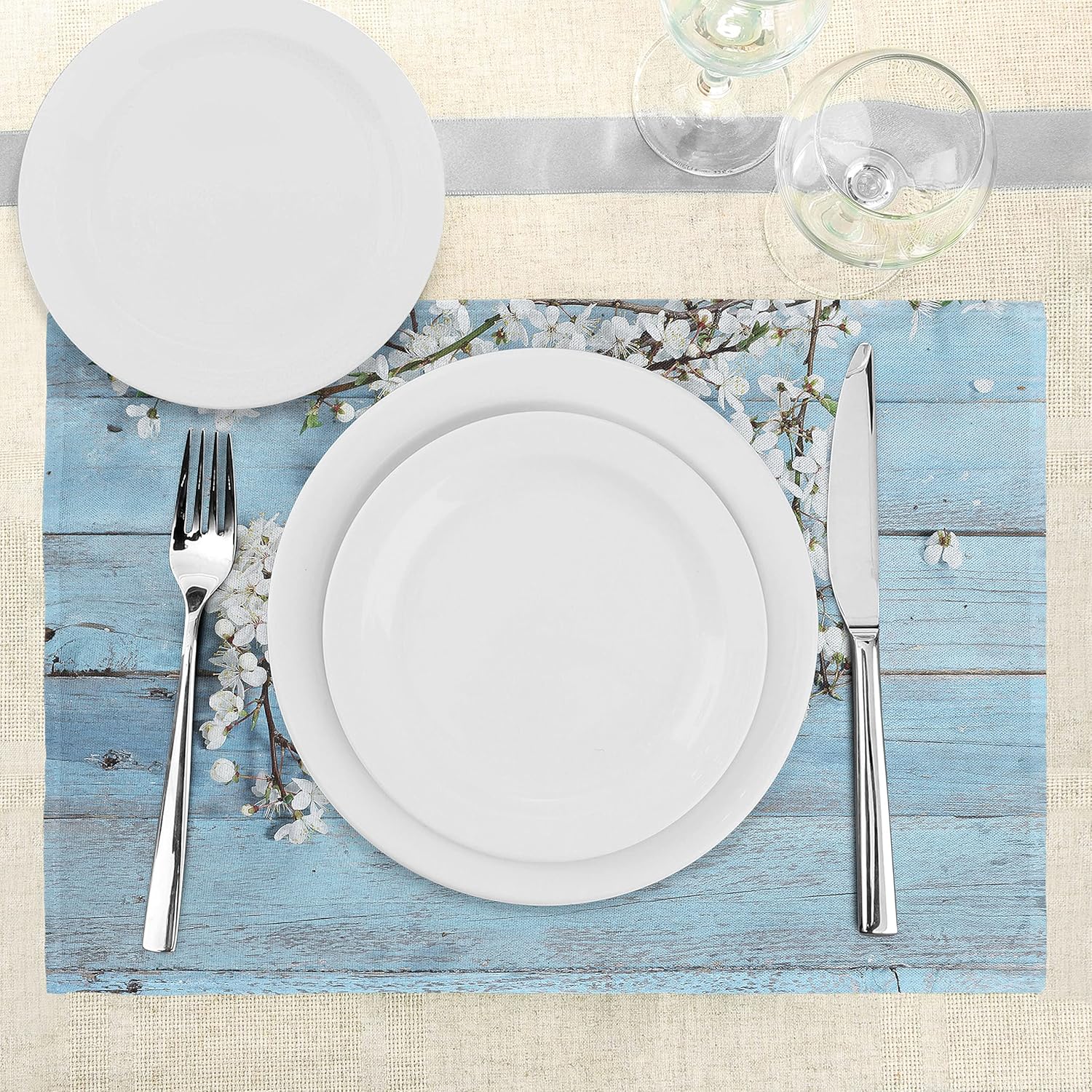 Ambesonne Rustic Place Mats Set of 8, Branch Blooming Warm Season Flowers on Wooden Fragility of Spring, Washable Fabric Placemats for Dining Table, Placemat 8 pcs, Blue