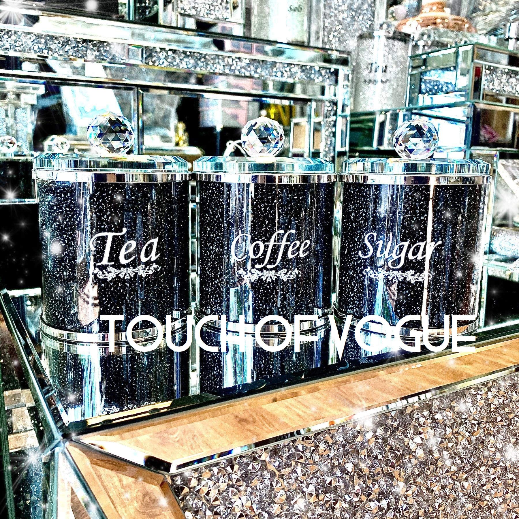 TOV® Diamond Crushed Tea Coffee Sugar CANISTERS Jars Storage Black Trimmings Crystal Filled