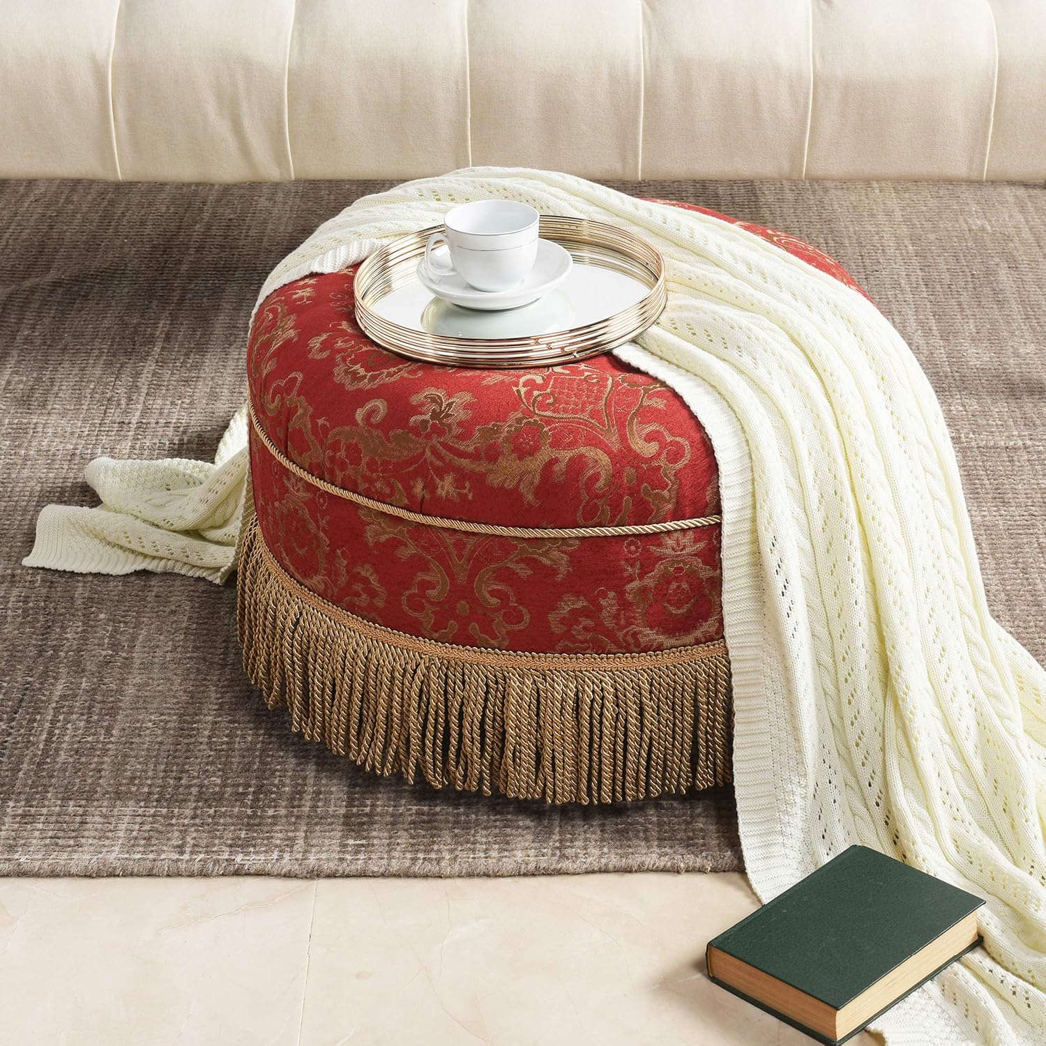 Best Quality 🔥 Jennifer Taylor Home Yolanda Collection Traditional Modern Cotton Blend Hand Tufted With Cord and Fringe Round Ottoman, Red Gold