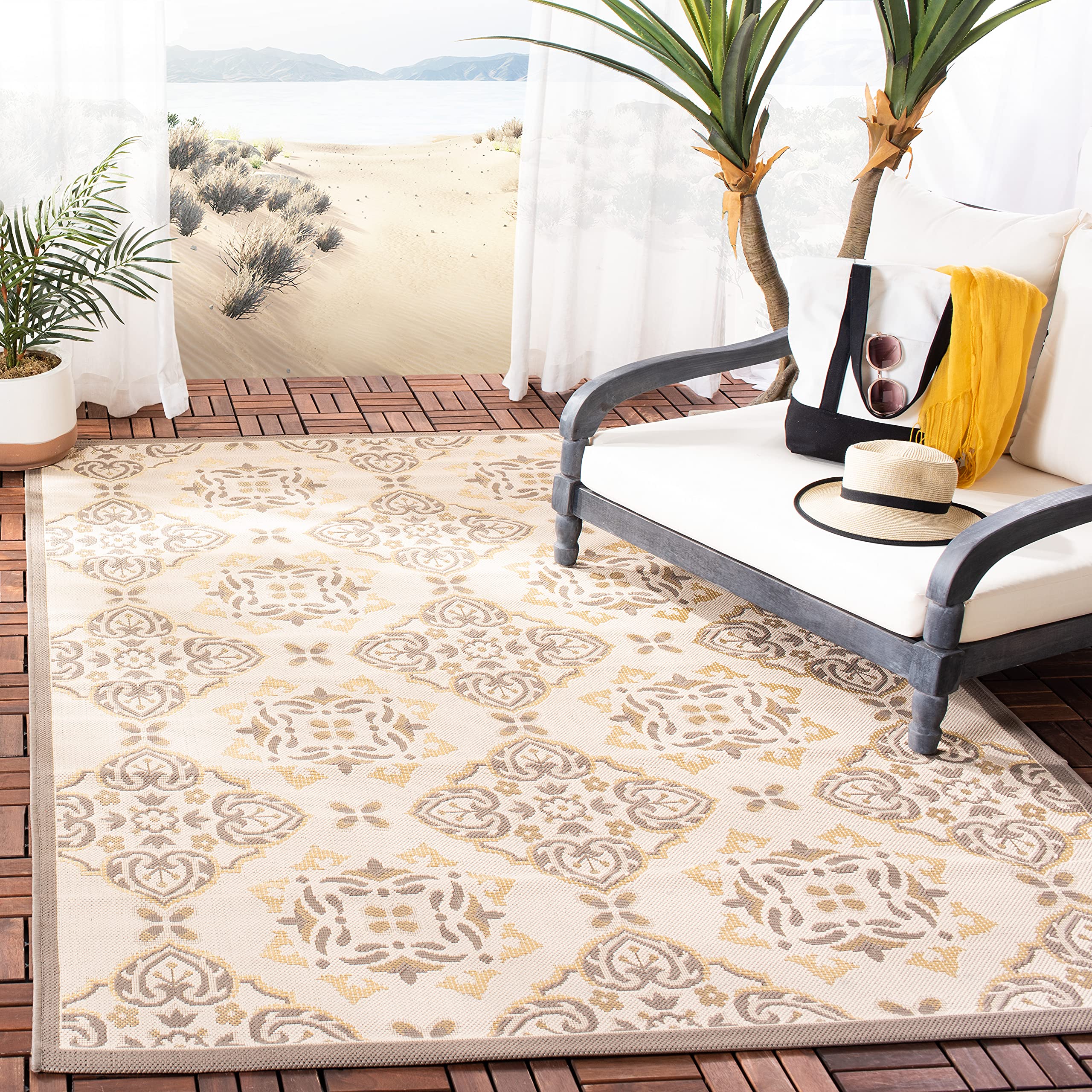 SAFAVIEH Washable Rug Outdoor Courtyard Collection - 5'3" x 7'7", Dark Beige & Beige, Non-Shedding & Easy Cleaning, Ideal for Patio, Backyard, Mudroom