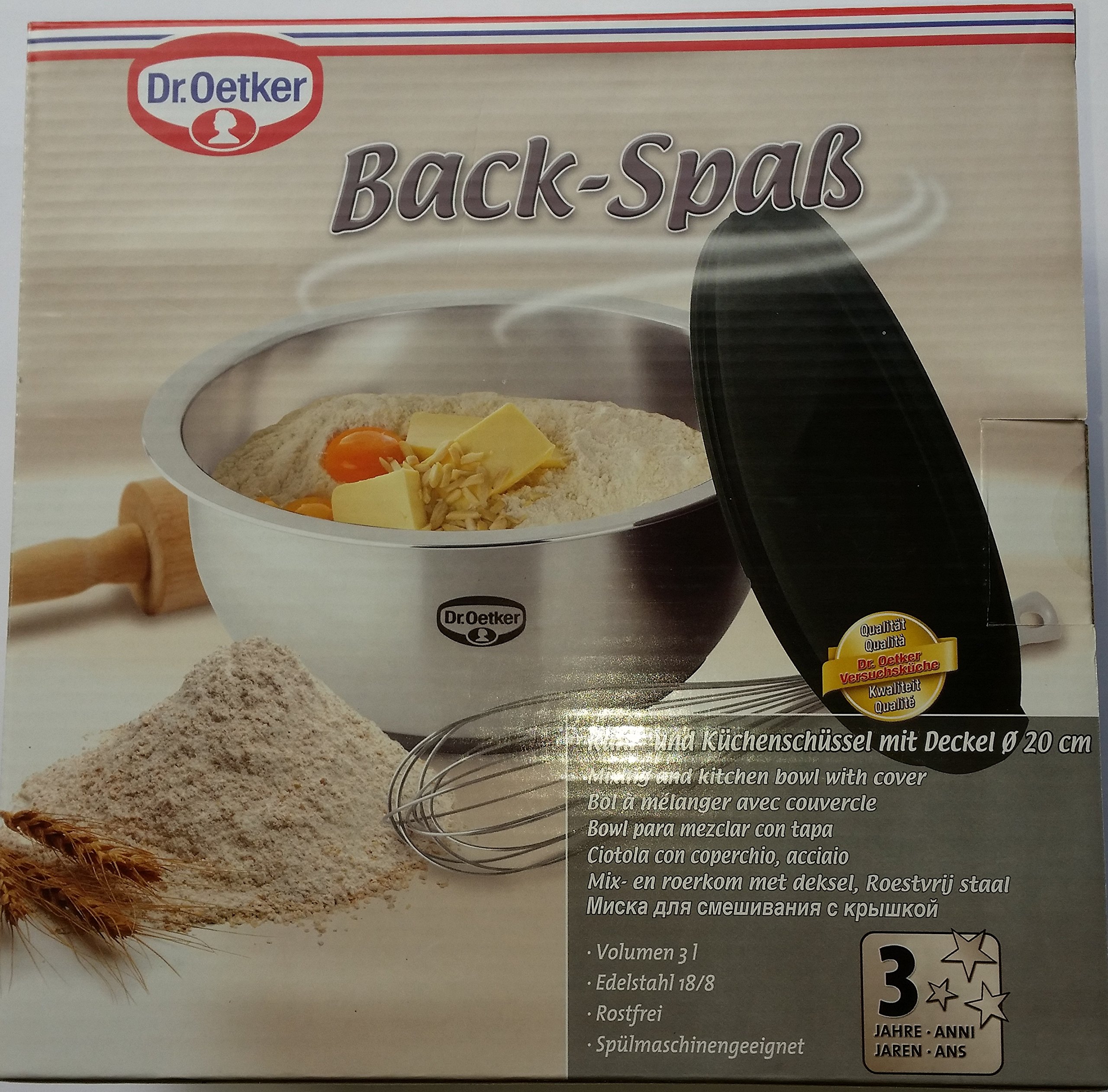 Dr. Oetker Rührschüssel mit Deckel 2,5 L BACK SPASS, Rührschüssel mit rutschfestem Silikonboden & flachem Schüttrand, Schüssel aus hochwertigem Edelstahl (Farbe: Silber/Braun-Grau), Menge: 1 Stück
