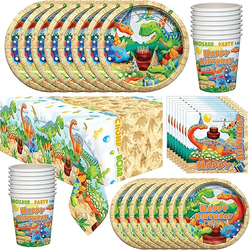 Treasures Gifted Suministros para fiestas de dinosaurios  Sirve a 24 invitados  Vajilla Deluxe Set de decoración de cumpleaños de dinosaurios