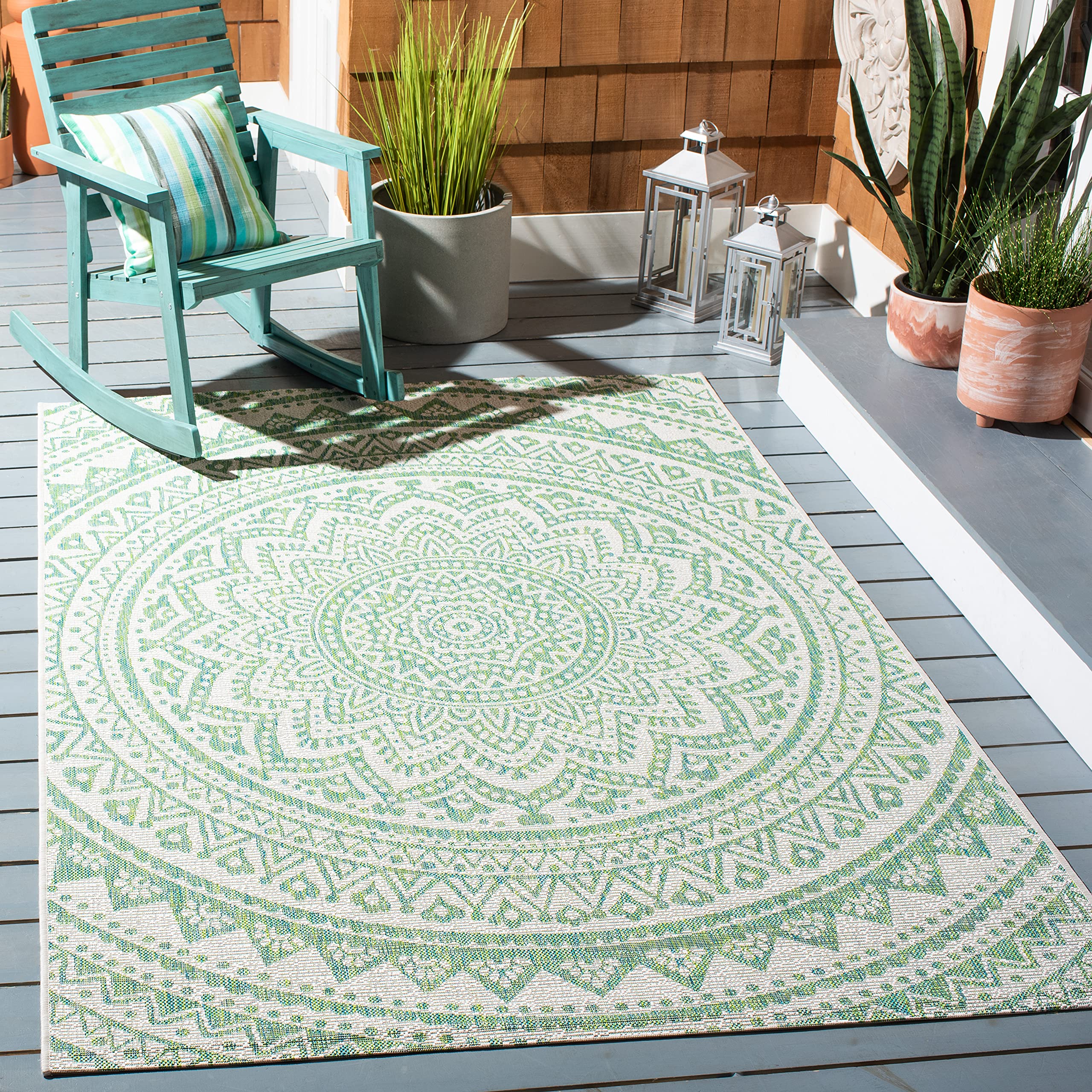 SAFAVIEH Courtyard Collection 6'7" x 9'6" Ivory/Green CY8734 Indoor/ Outdoor Waterproof Easy Cleaning Patio Backyard Mudroom Area Rug