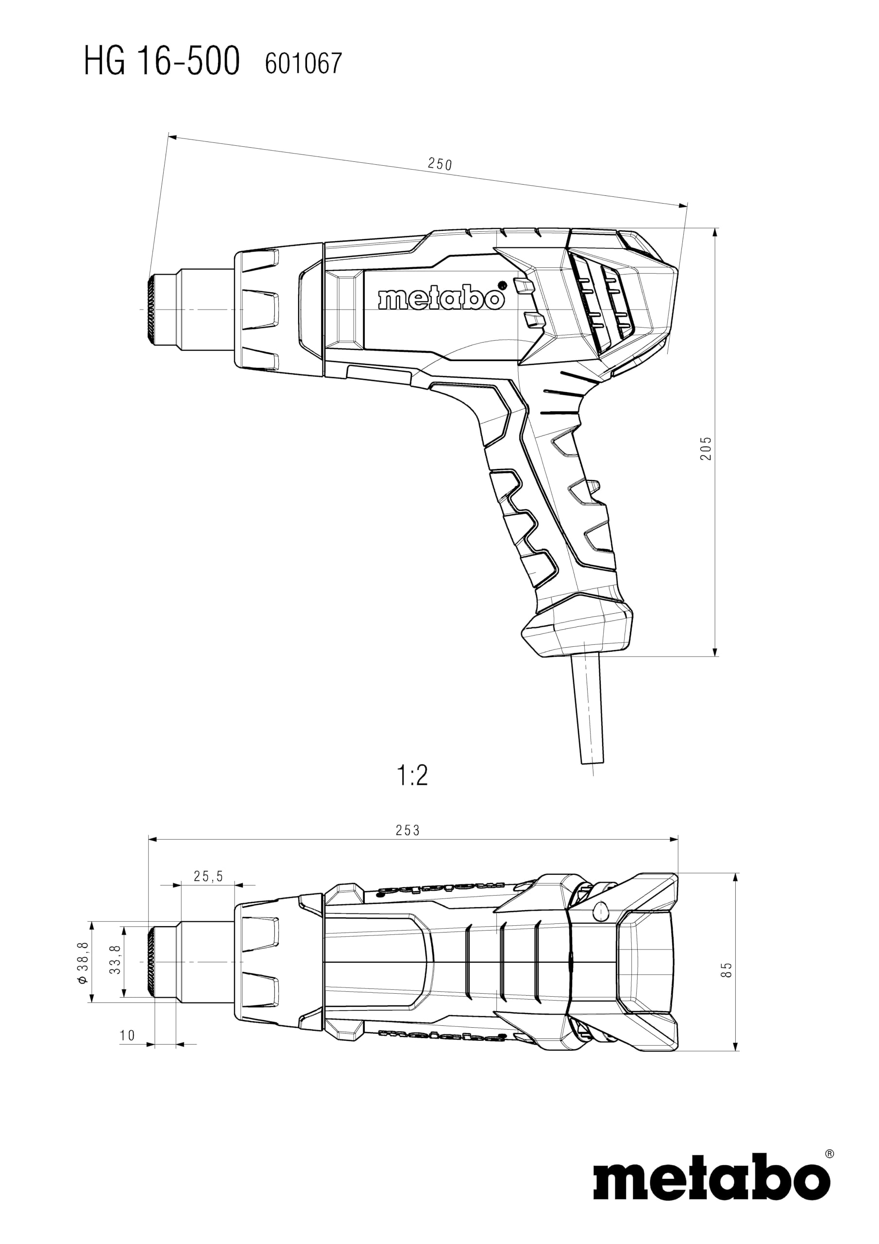 metabo HG 16-500 Heißluftgebläse, Heißluftpistole 1600W & Keramikheizung | Heißluftföhn zum Entlacken und Schrumpfen, inkl. Reflektordüse und Reduzierdüse 9 mm, 2,2 m Kabel, im Karton