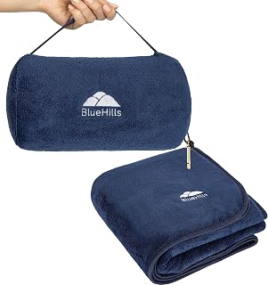 BlueHills Premium Plush Travel Blanket Pillow 70x48in with Carabiner and Luggage Strap