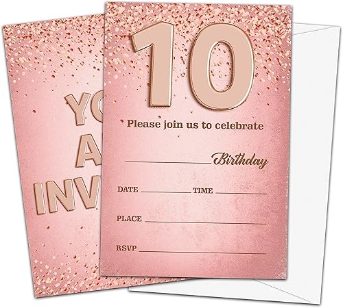 Miniatura 1 de Invitaciones de cumpleaños número 10 para niños, tarjetas de invitación de fiesta de cumpleaños de oro rosa, suministros de decoración de fiesta de