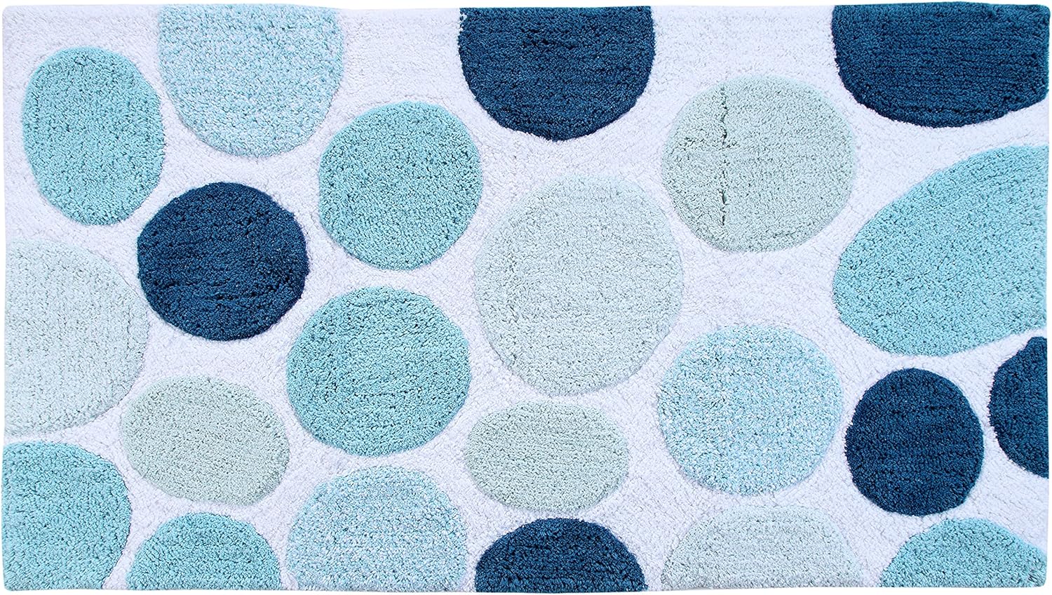 Bath Rug 100% Soft Cotton, Size 50x30 Inch, Latex Spray Non-Skid Backing, Multiple Blue Color Pebble Stone Pattern, Machine Washable