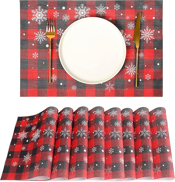 JUJIN Christmas Placemats Set of 8 Non-Slip Washable PVC Heat Resistant Table Mats for Dining Table Christmas Red