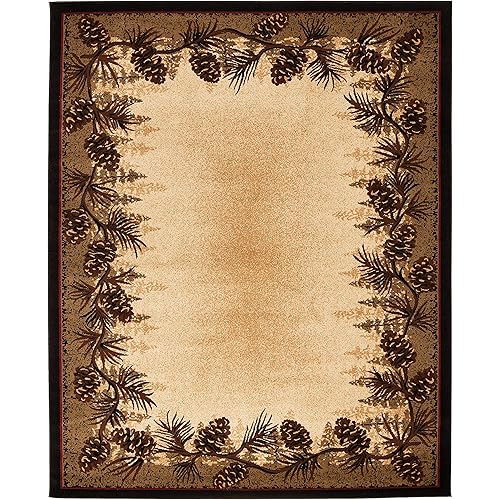 Rustic Lodge Pine Cone Border Brown 8x10 Area Rug, 7'10x9'10