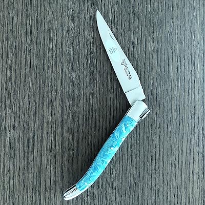 Laguiole en Aubrac Handmade Luxury Folding Pocket Knife, 4.8-in (12cm). Genuine Larimar Handle, Hand Forged Bee, Stainless Steel Shiny Bolsters