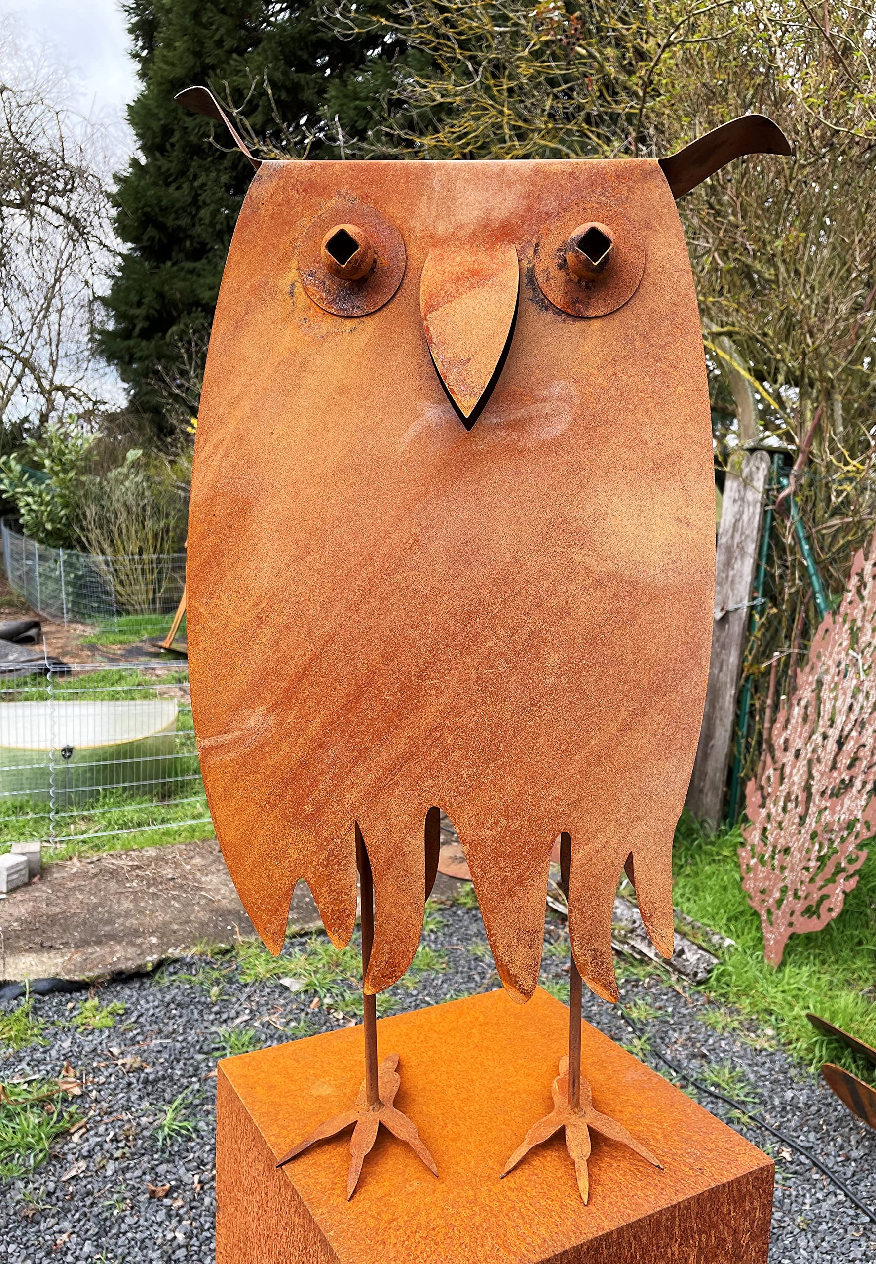 STEINFIGURENWELT GIEBEN Gufo effetto 3D, rettangolare, altezza 65 cm, decorazione da giardino in metallo antiruggine, resistente alle intemperie, statuetta in metallo arrugginito