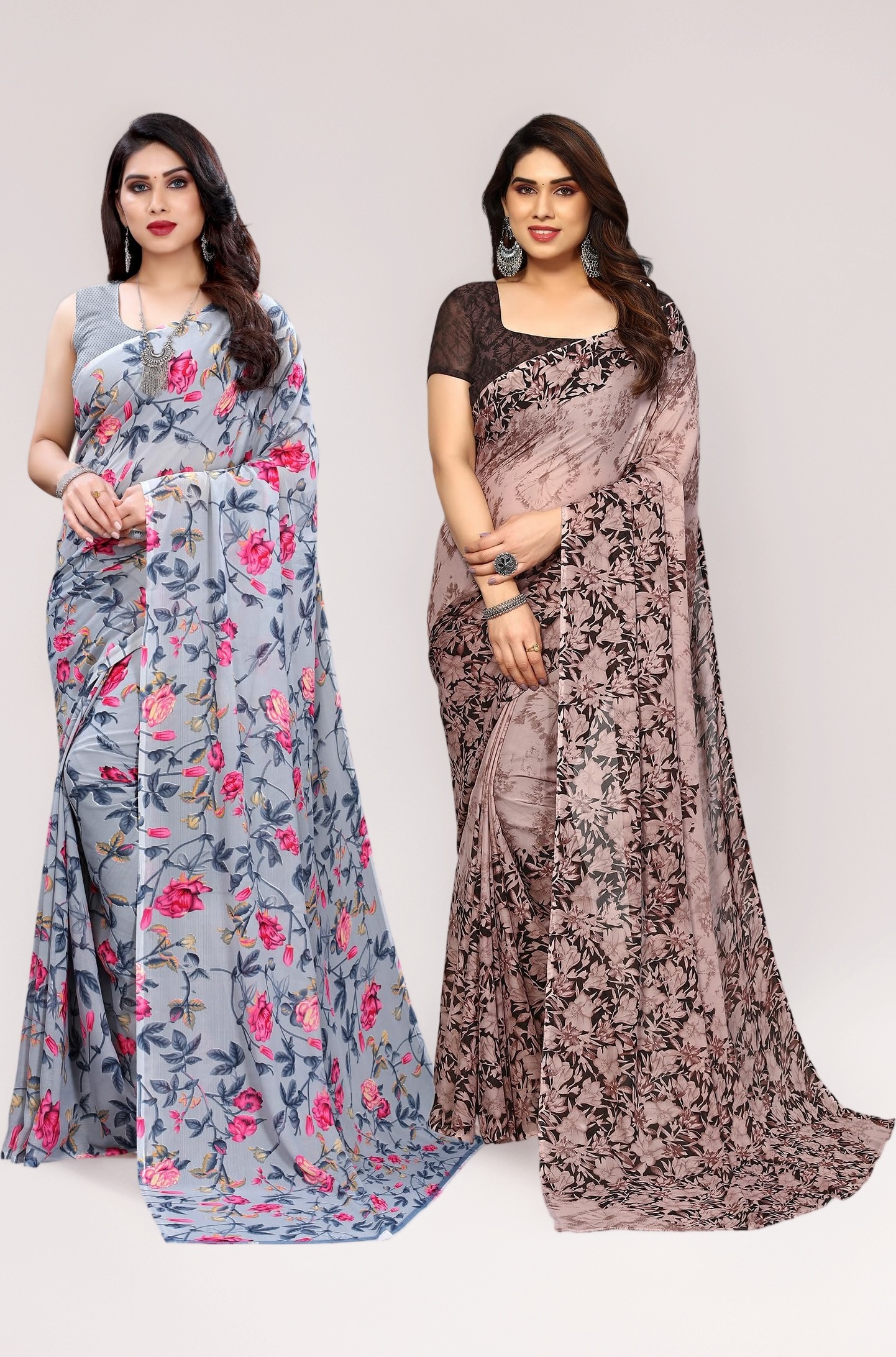 SIRIL Women's Georgette Printed Saree With Unstitched Blouse Piece Combo Pack Of 2