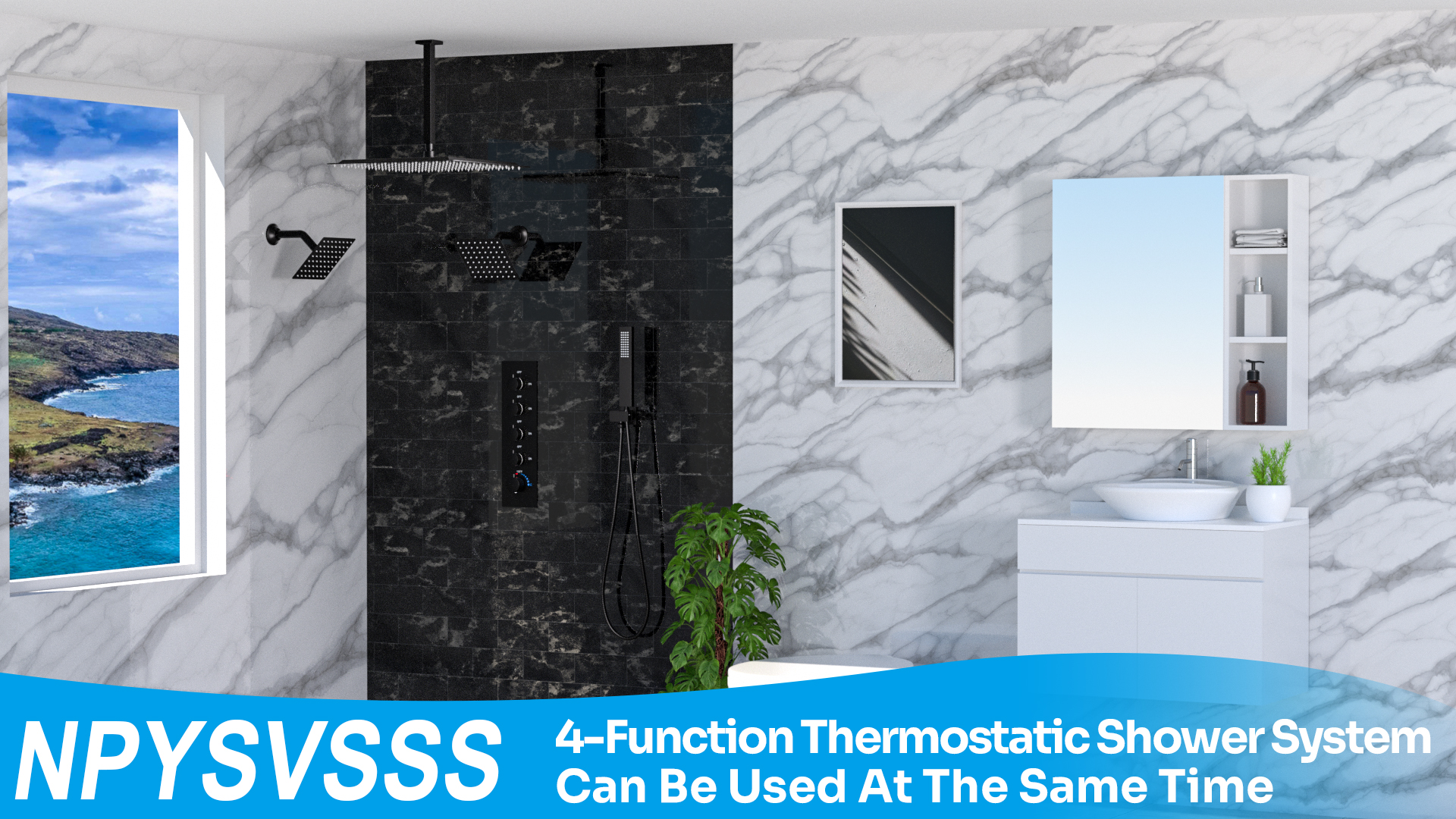 Sistema de ducha termostático negro con tres cabezales, incluyendo cabezal de lluvia de 16" montado en techo y 2 cabezales de pared de 6" con 4 funciones, sistema de ducha de cuerpo completo que puede funcionar simultáneamente miniatura 7