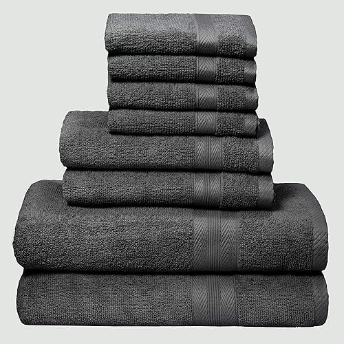 BOUTIQUO 8 Piece Towel Set 100% Ring Spun Cotton, 2 Bath Towels 27x54, 2 Hand Towels 16x28 and 4 Washcloths 13x13 - Ultra Soft Highly Absorbent Machine Washable Hotel Spa Quality - Charcoal Grey