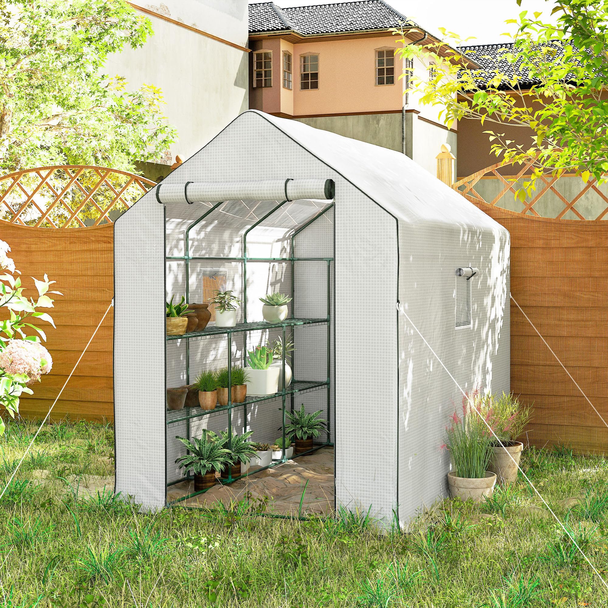 Outsunny Invernadero de Jardín de 3 Niveles Exterior 140x213x190 cm Blanco | 12 Estantes, Puerta Enrollable, Ventanas, Anti-UV, Cubierta PE 135g/m², Cultivos, Plantas, Flores
