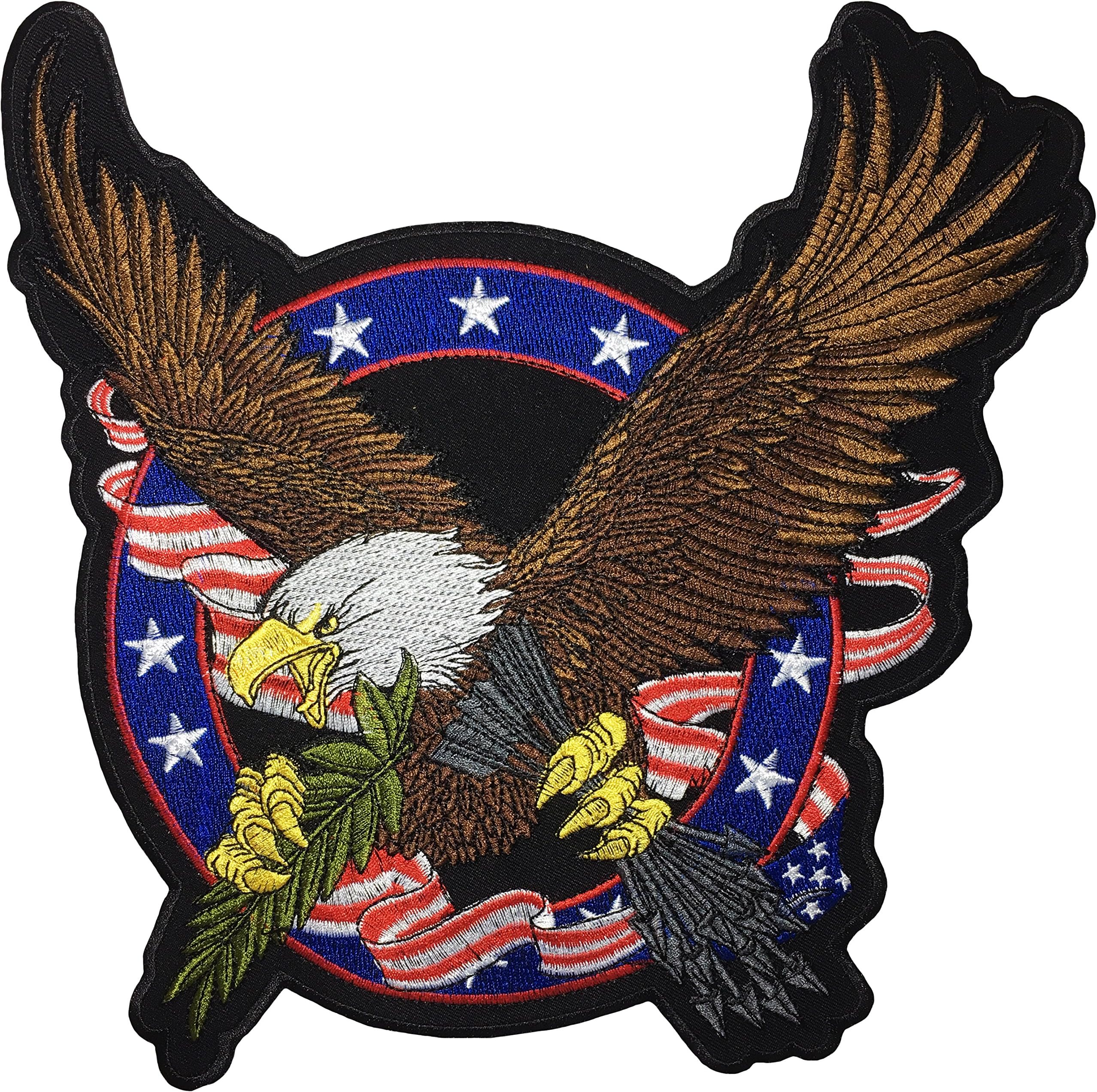 [Large Size] Papapatch Bald Eagle Hawk Clutching Arrows Patriotic USA US America Flag Biker Jacket Vest Costume Sew on Iron on Embroidered Applique Patch (Iron-Bald-Eagle-USA-Flag-Large)