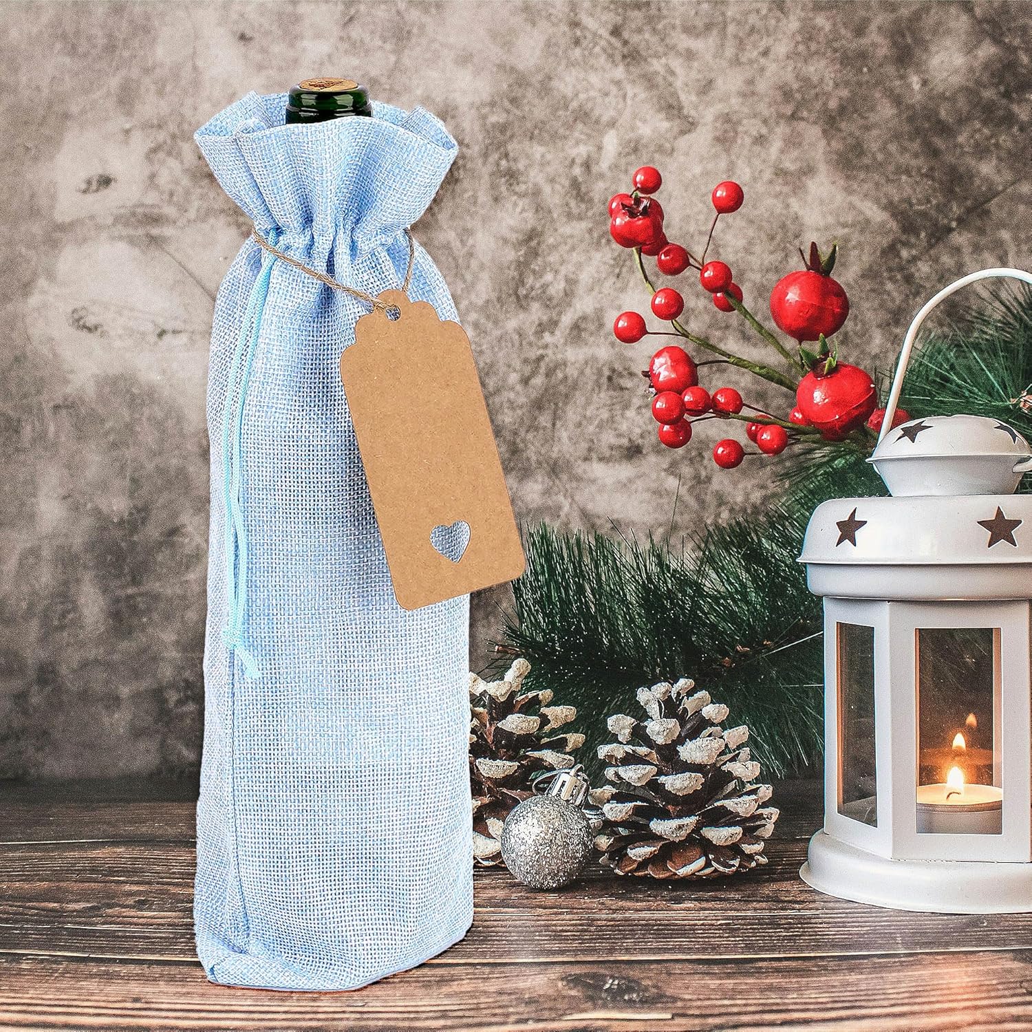 12 Pack Burlap Wine Bags with Gift Tags and Jute Rope, Rustic Drawstring Wine Bottle Bags for Weddings, Parties, and Holidays, Light Blue - Image 3