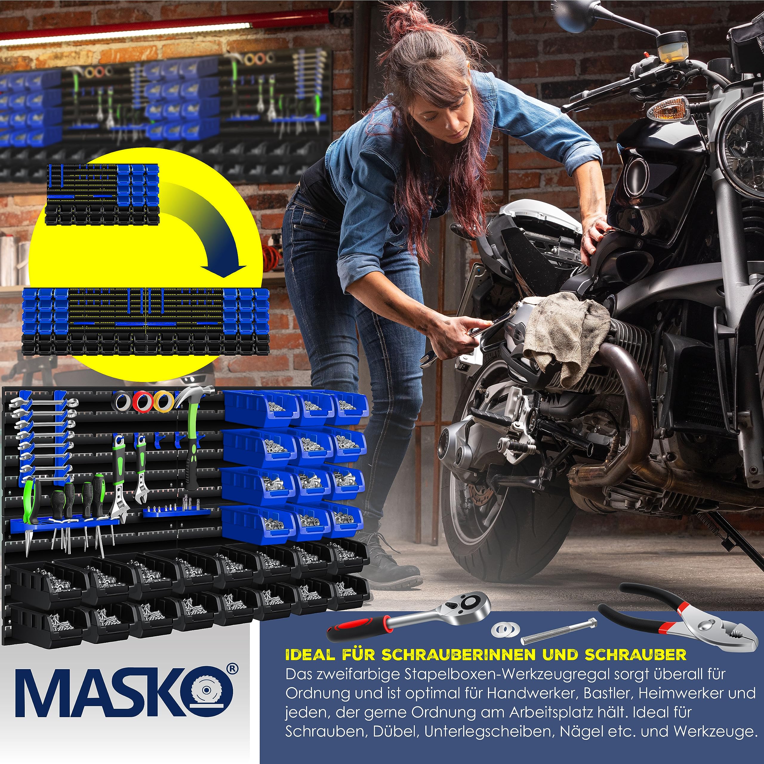 MASKO® Stapelboxen + Wandregal + Werkzeughalter 45-teiliges Set Box erweiterbar Sichtlagerkästen Schüttenregal Steckregal, Hängeregal Sortimentskasten Kleinteilemagazin Werkstatt-Regal Schwarz/Blau
