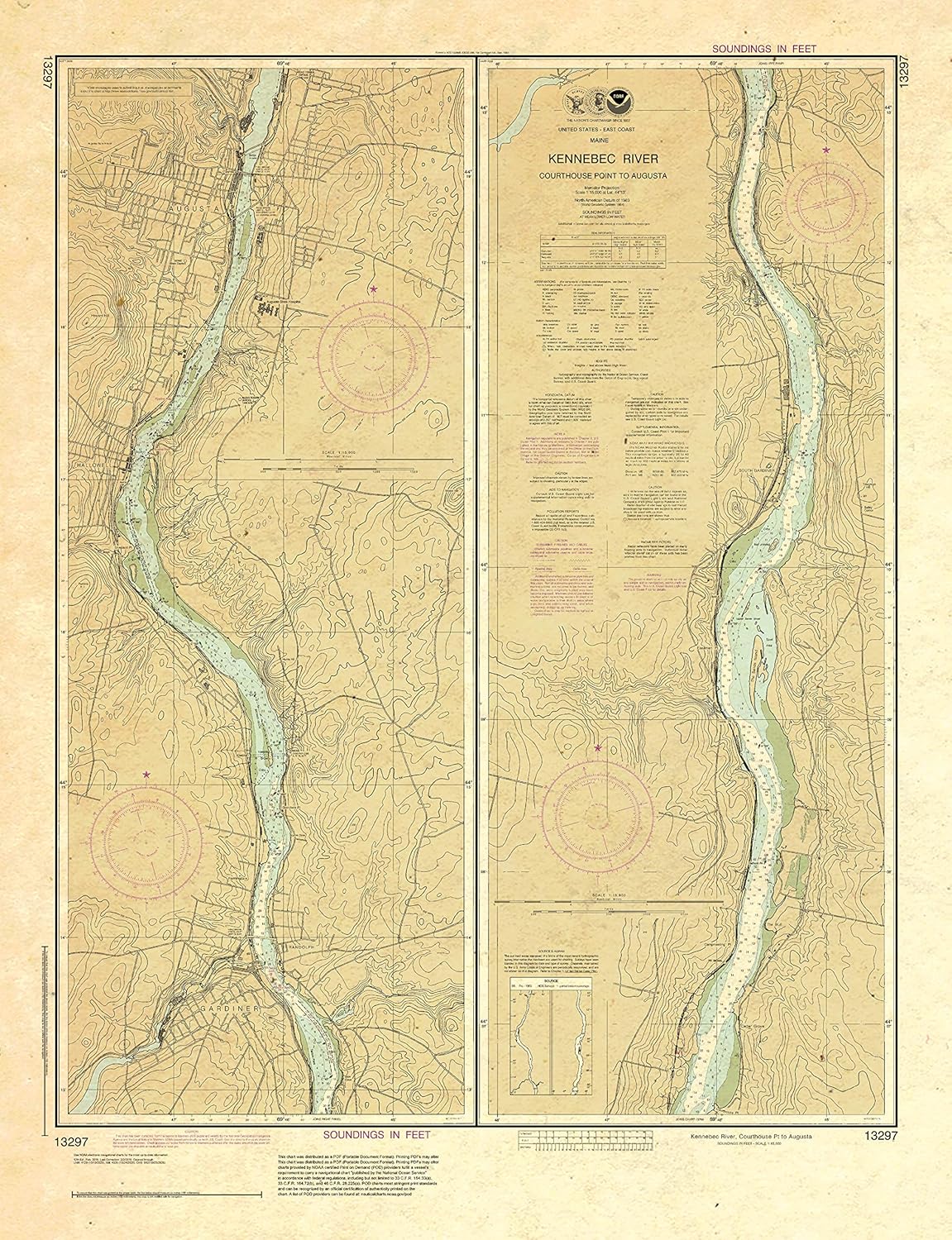Paradise Cay Publications, Inc. Antiqued NOAA Chart 13297: Kennebec River Courthouse Point to Augusta