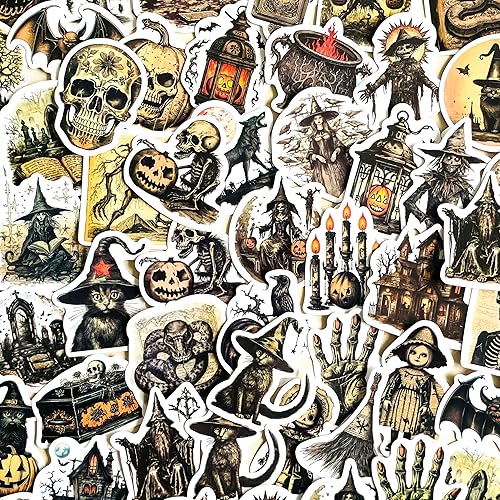 Vintage Medieval Horror Gothic Witch Stickers - 50 Pieces Dark Spooky Witch Skull Pumpkin Halloween Stickers for Scrapbooking, Journals, Water Bottles, Laptops - Vintage Gothic
