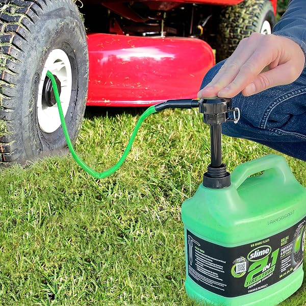 A large bottle of Slime 2-in-1 Tire & Tube Sealant, 3.78L, presented for application.