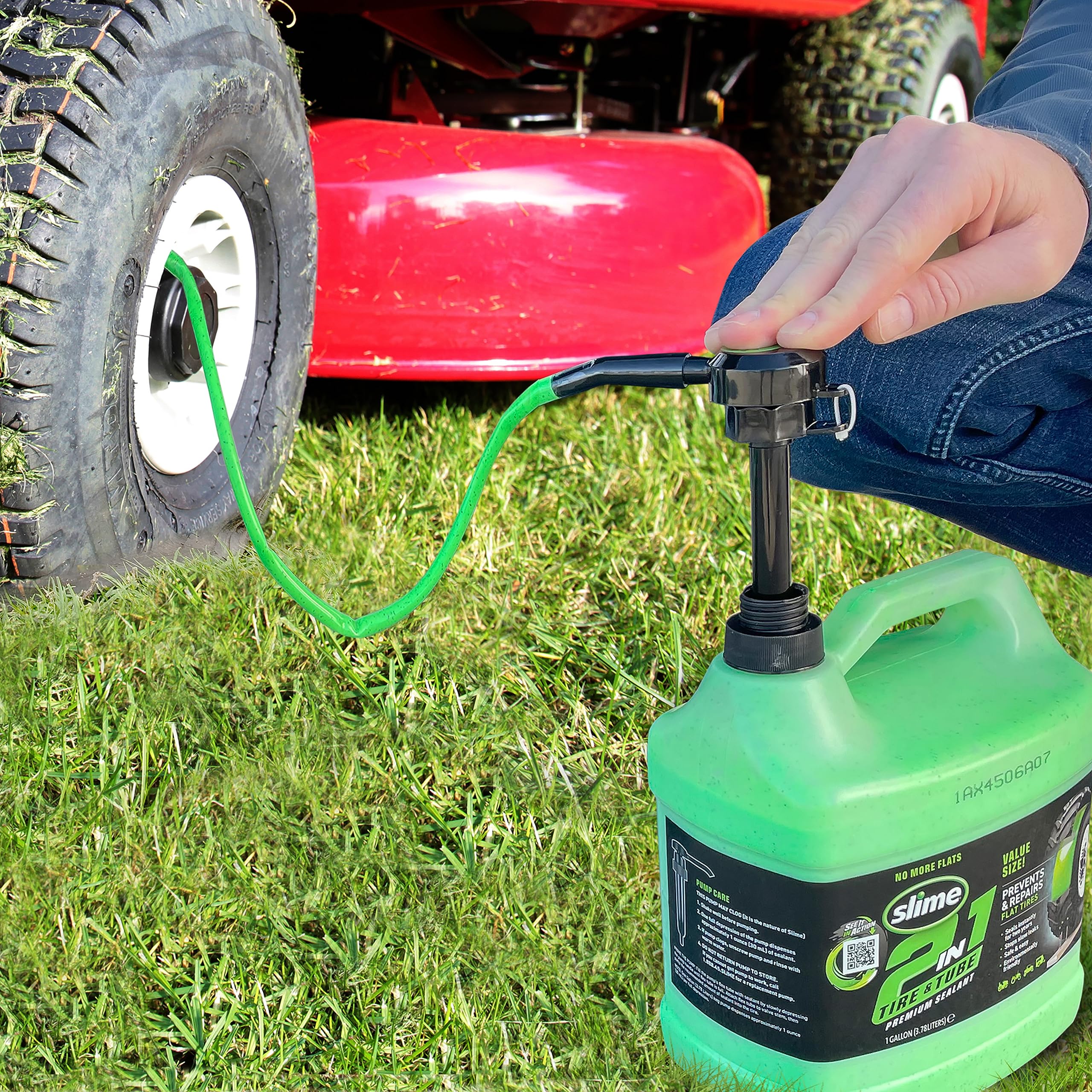 A large bottle of Slime 2-in-1 Tire & Tube Sealant, 3.78L, presented for application.