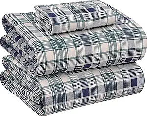 RUVANTI 100% Cotton Twin Sheets Set, 3 Pieces, Soft & Breathable Percale Weave Bedding, Deep Pocket 16", Hotel Standard, Crisp Cool Feel, Durable, Perfect Plaid Bed Sheet, Greenish Blue Plaid