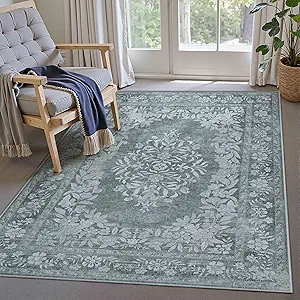 5x7 Area Rug Gray Washable Vintage Distressed Living Room Carpet Large Bedroom Indoor Medallion Floral Non Slip Retro Throw Floor Mat for Office Dining Room Kitchen Bathroom