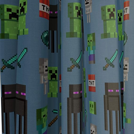 Jay Franco Kids Window Drapes - 4 Piece Curtain Set Includes 2 Tiebacks, Beautiful Bedding Room Decor and Easy Set Up, Blue - Minecraft, 84 Inch