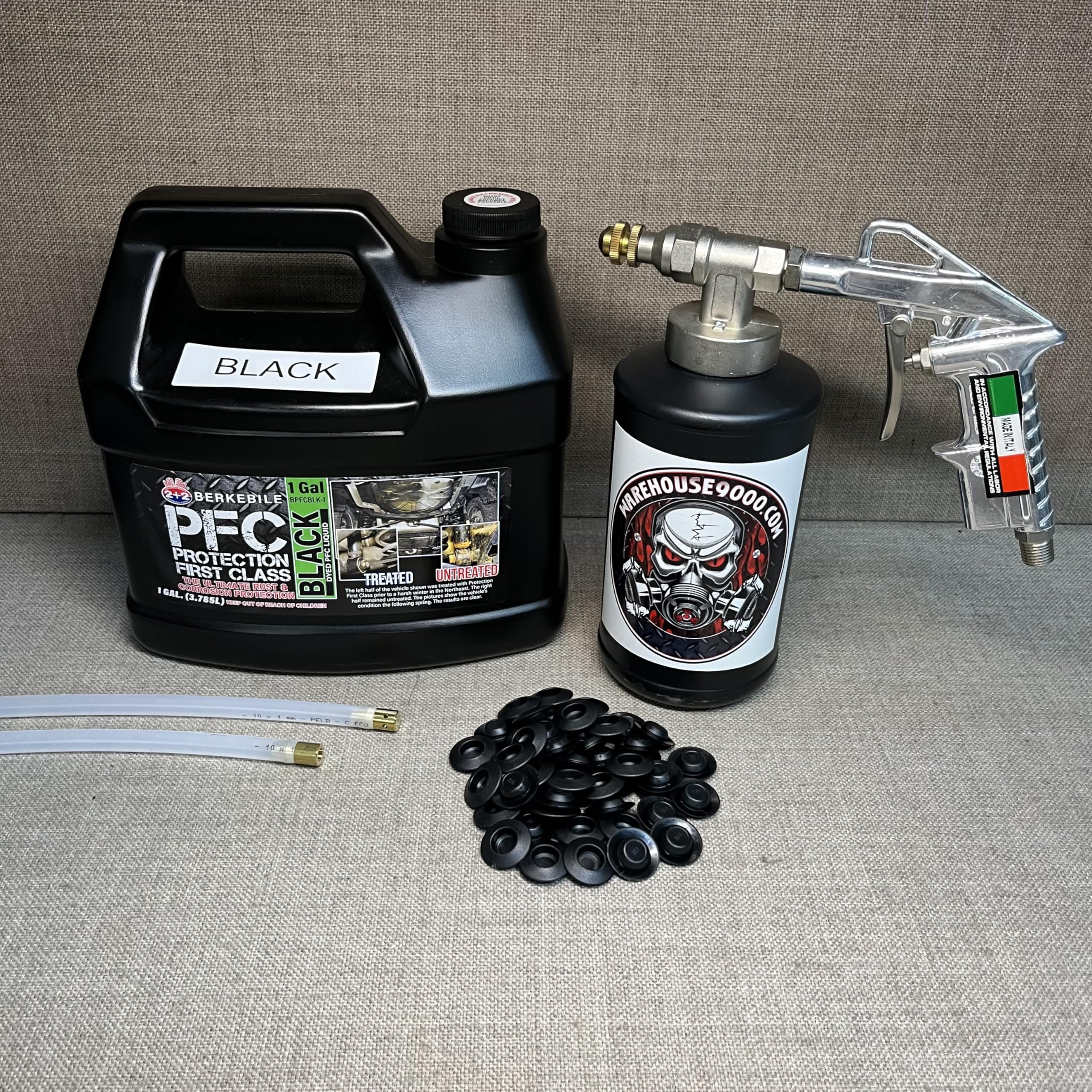 Gallon PFC Black, Pro Undercoating Spray Gun, 2 Wands, 1 Black Quart Bottle, and 50 Rust Plugs