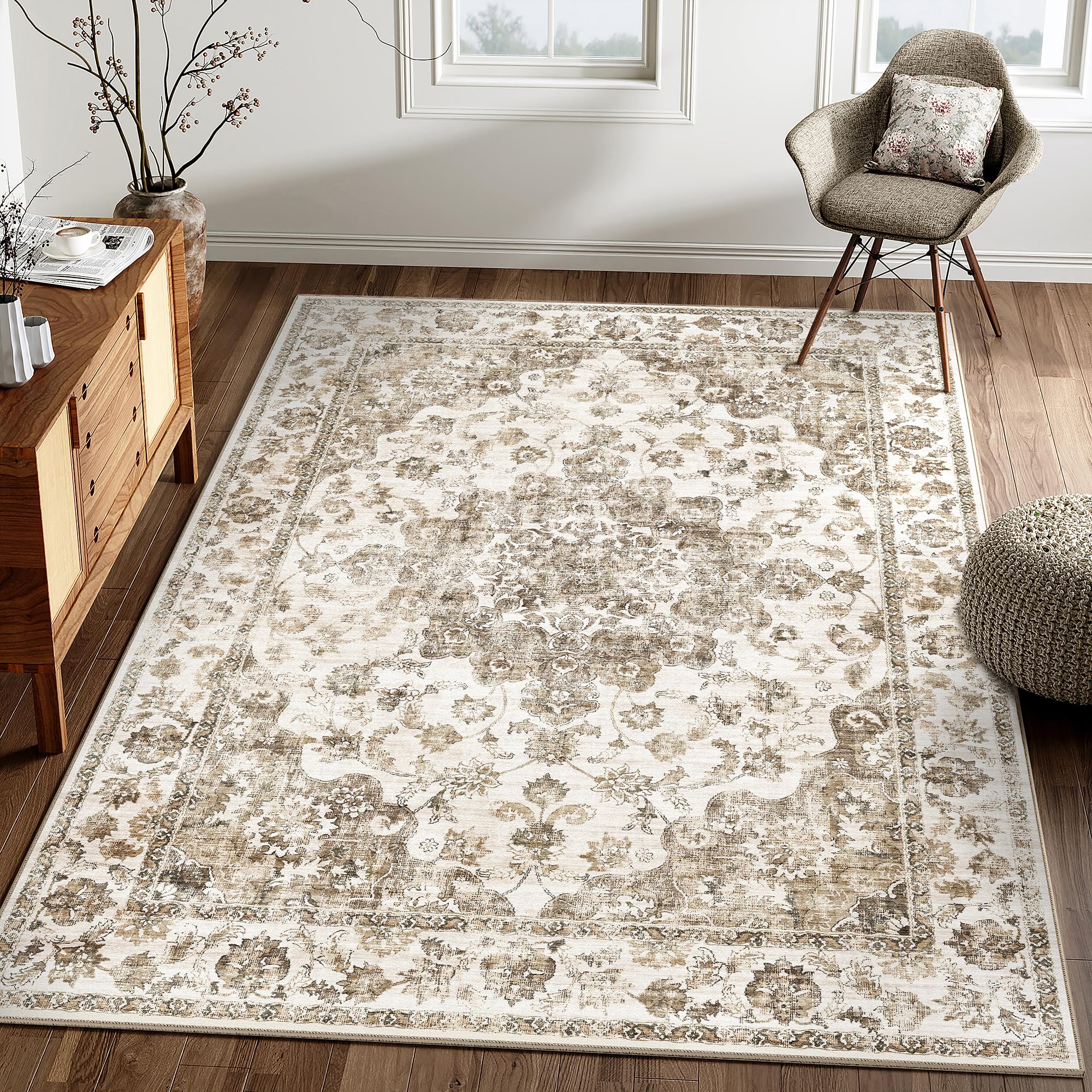 Vintage Braun Waschbarer Teppich Wohnzimmer 140x200cm Retro Rugs for Living Room Weich rutschfest Groß Tepich Kurzflor Schlafzimmer Carpet Living Room Bedroom Esszimmer Teppiche Büro